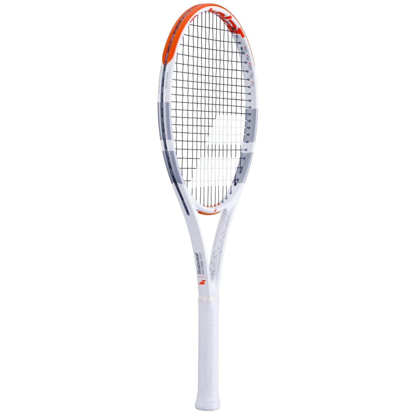 The Babolat Evo Strike Gen 2 Tennis Racket, designed in a striking white, red, and grey color scheme with a sleek black string pattern, provides an excellent balance of power and control. Displayed against a minimalist white background, it highlights its cushioned handle for superior comfort.