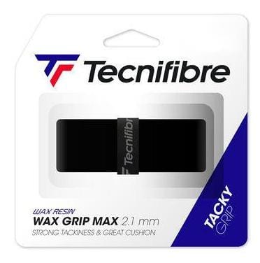 The Tecnifibre Wax Max Replacement Tennis Grip - Black features a black grip with prominent branding, providing maximum traction and outstanding durability. Renowned for its high tackiness and excellent cushioning, it boasts a thickness of 2.1 mm.