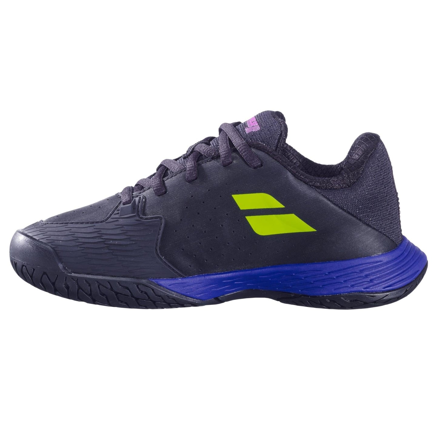 The Babolat Propulse Junior 3 Boys Tennis Shoe in black and dark blue features a bright yellow logo, black laces, a purple midsole, and a textured Michelin outsole, shown side view on a white background.