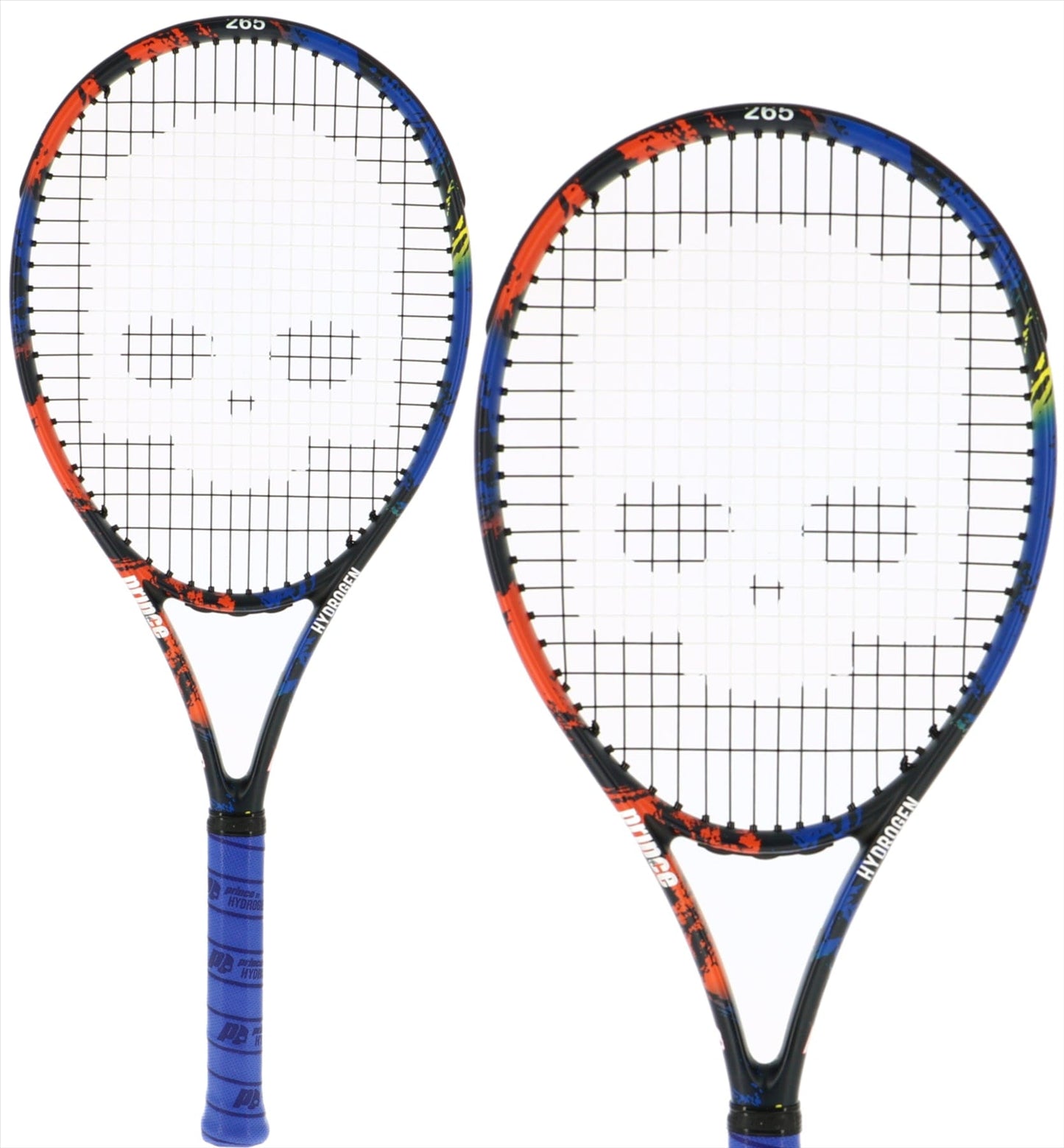 The Prince Beast Hydrogen Random 265g Tennis Racket, crafted by Prince, showcases a sophisticated black design with eye-catching blue and red accents. The strings create a bold skull pattern at the center, and the incorporation of Textreme X Technology ensures these rackets deliver exceptional performance on the court.