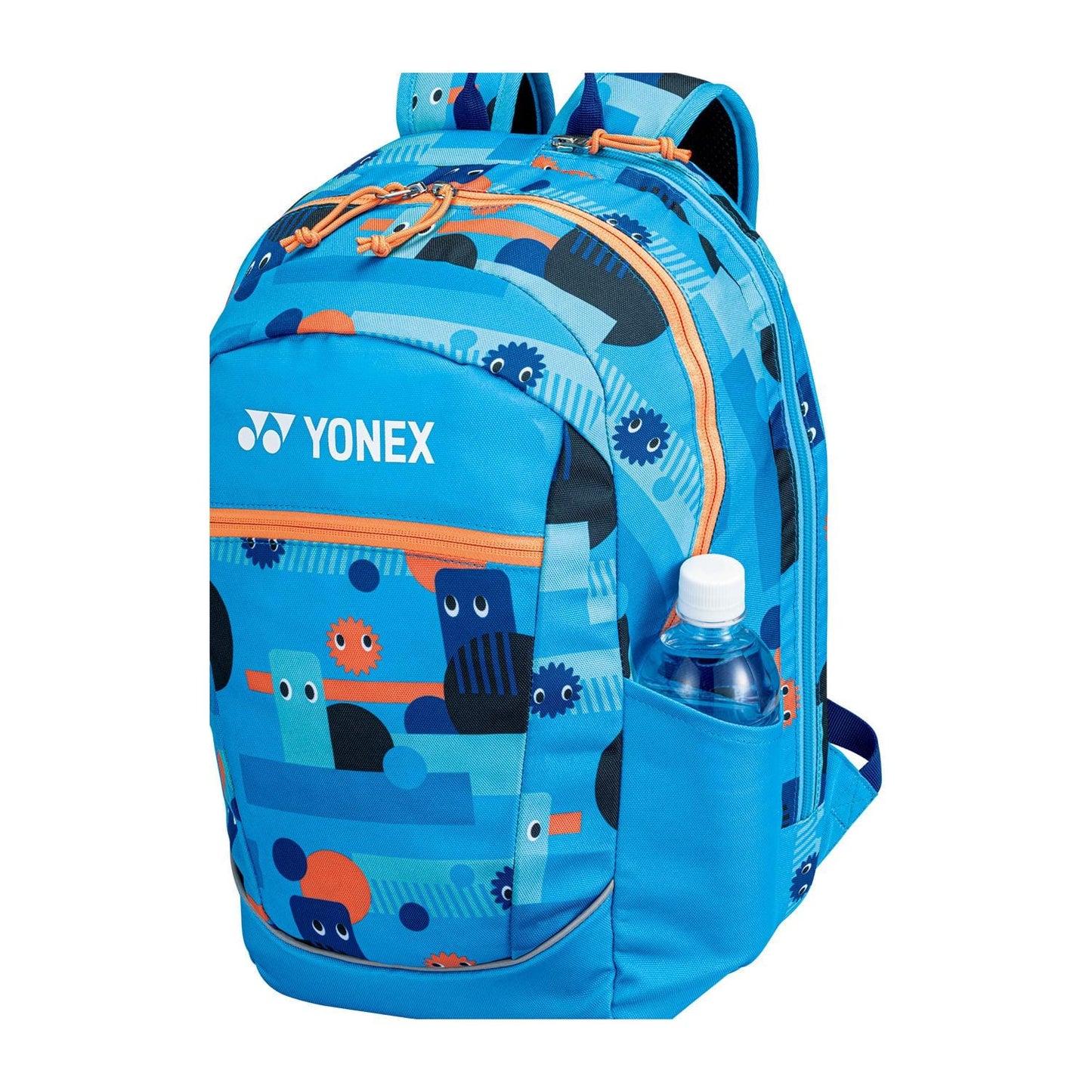 The Yonex 22512 Junior Tennis Backpack - Ocean Blue boasts a spacious design with padded shoulder straps, a colorful abstract pattern, vibrant orange zippers, and a side pocket ideal for holding a water bottle.