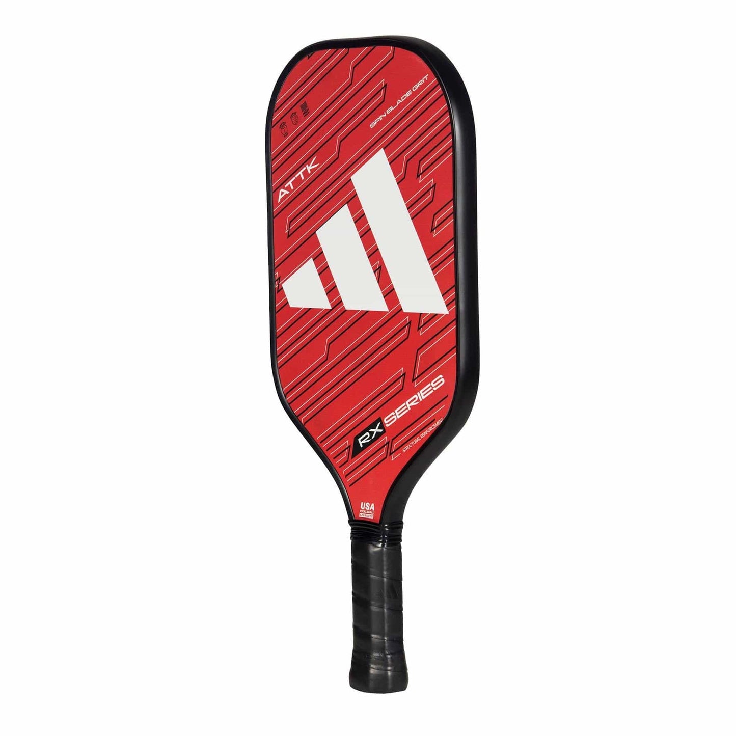 The adidas RX ATTK 3.3 Pickleball Paddle in red features black edges, a black grip, bold white diagonal stripes, “ATTK” and “RX SERIES” text on the face, plus an HD Polypropylene Honeycomb Core for durability and control.