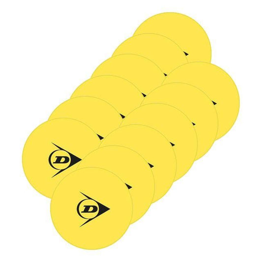 Illustration showcasing a dozen Dunlop Tennis Training Targets, expertly crafted for precision, aligned diagonally in rows. These yellow table tennis balls boast the longevity of their design and feature a black "D" logo.