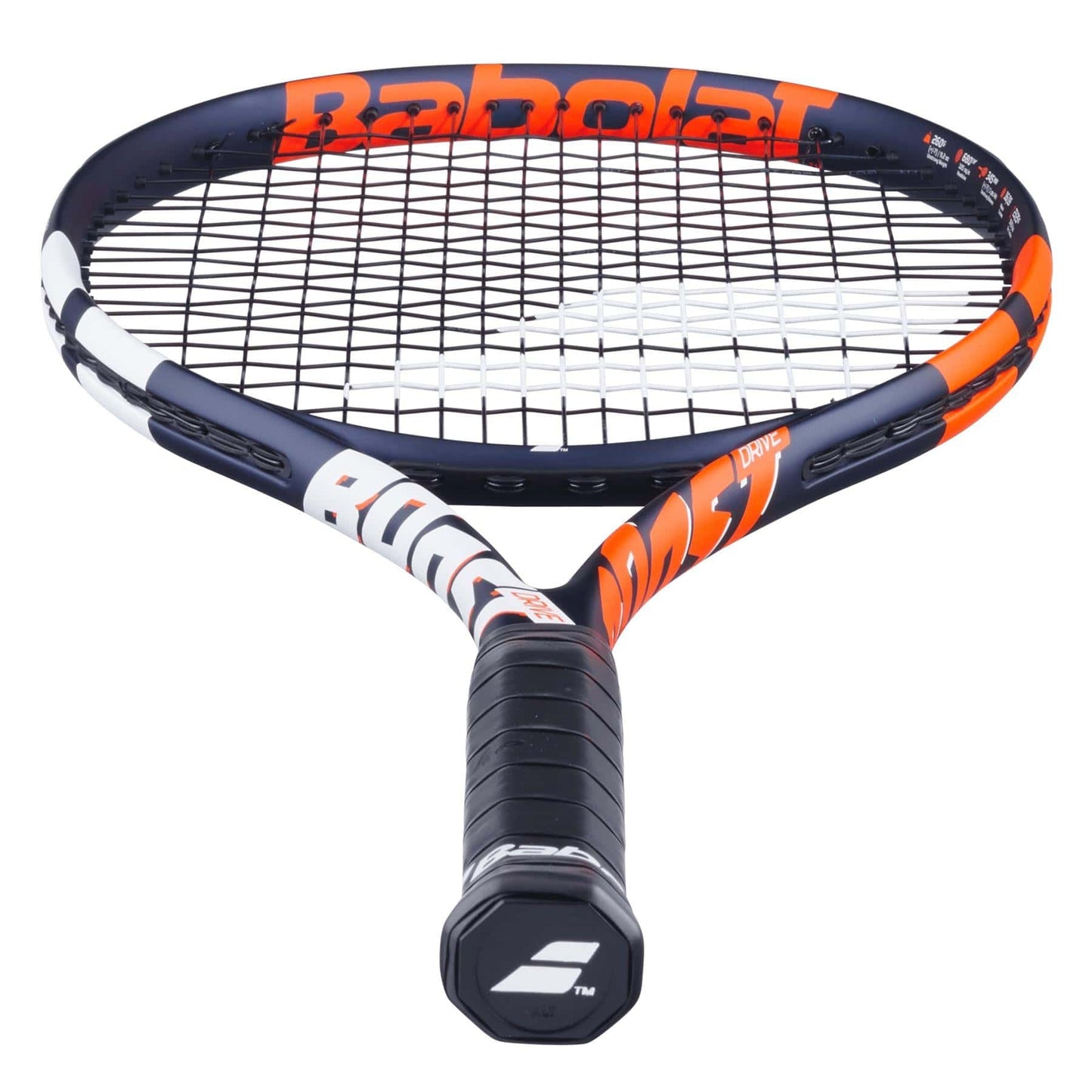 A close-up of the Babolat Boost Drive Tennis Racket in blue, orange, and white showcases its lightweight graphite frame and black strings. The octagonal handle features the iconic Babolat logo, while the standard stringing pattern offers a symmetrical grid for enhanced performance.