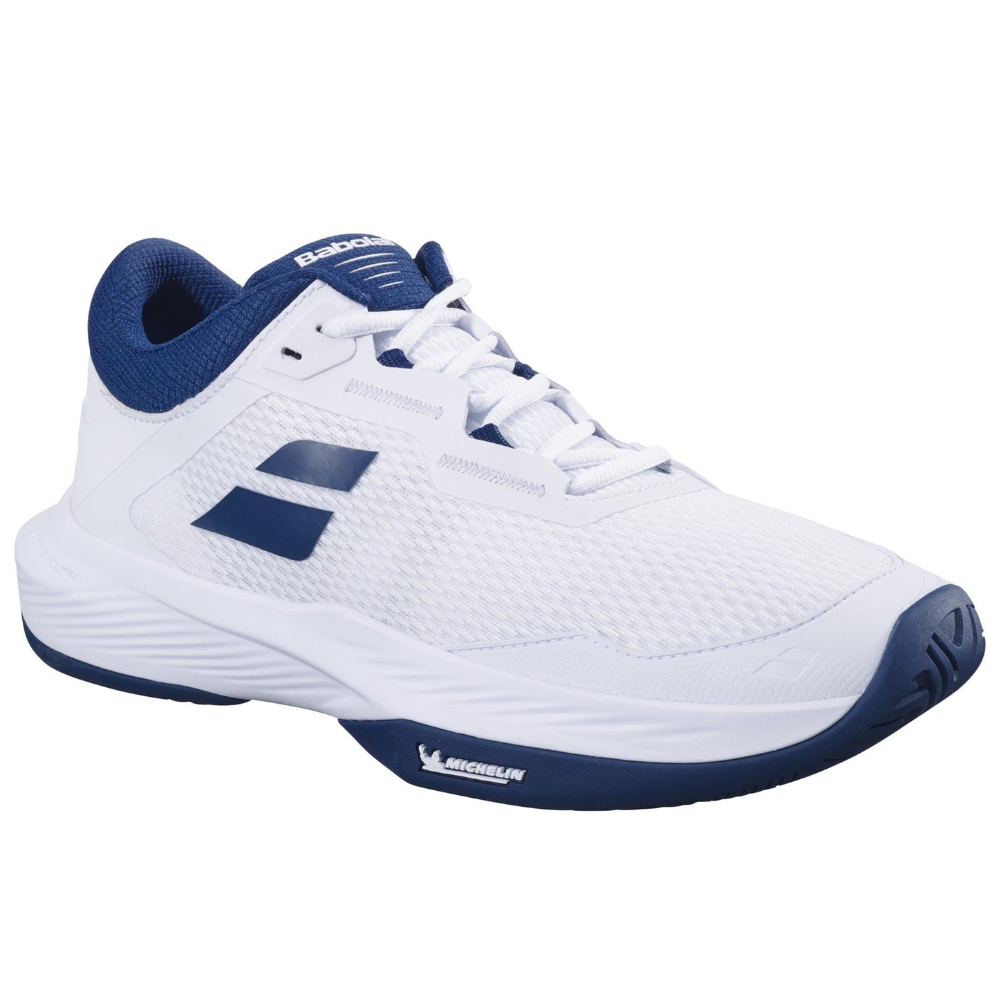 The Babolat SFX 4 All Court 2025 Men's Tennis Shoes in White and Estate Blue offer a mesh upper for ventilation, reinforced toe, durable Michelin sole for traction, and visible logo accents, ensuring comfort with every step on the court.