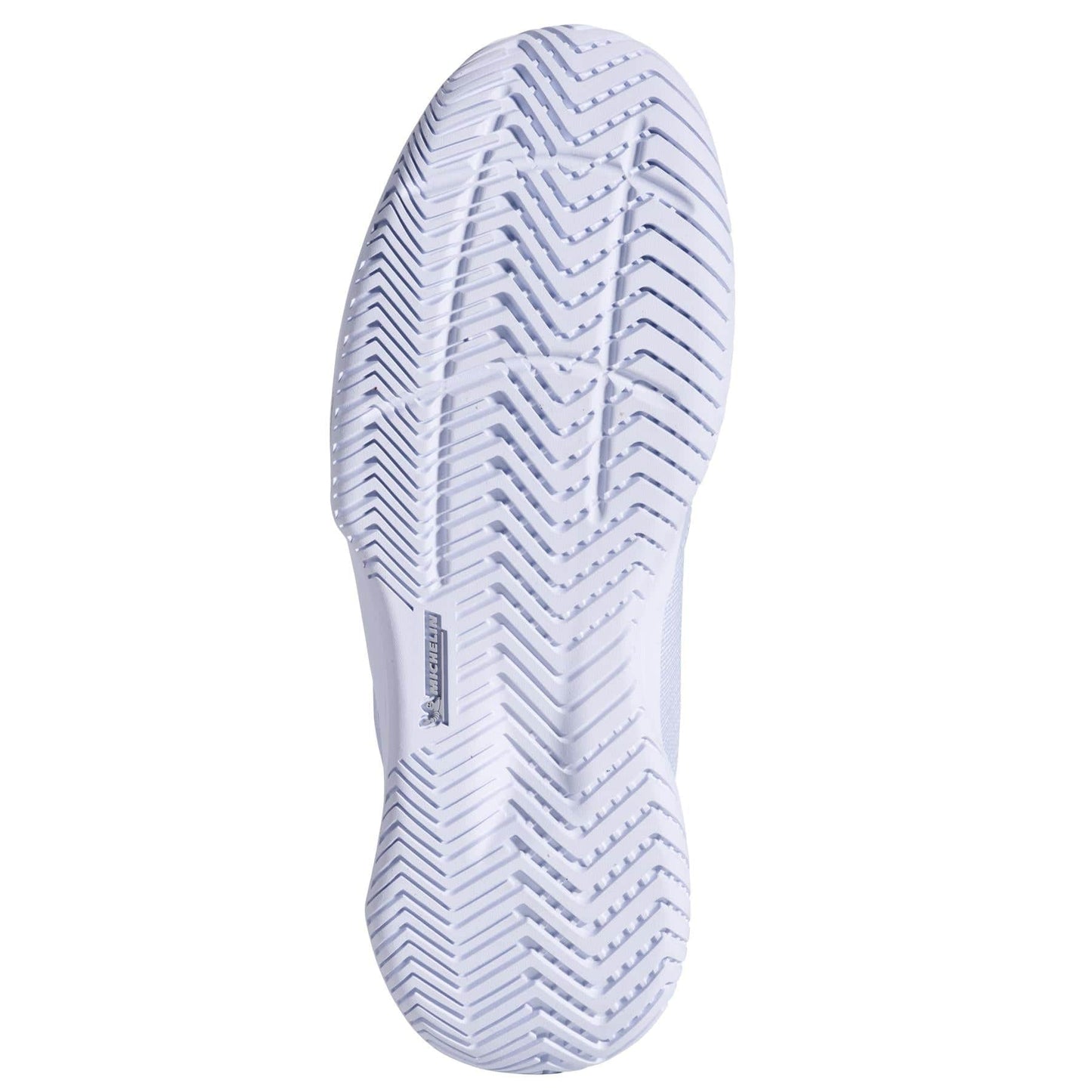 The image displays the sole of a Babolat SFX EVO All Court 2025 Women's Tennis Shoe in Xenon Blue/White, showcasing chevron grooves for grip. A small logo and brand text on the heel area suggest its design enhances durability and comfort.