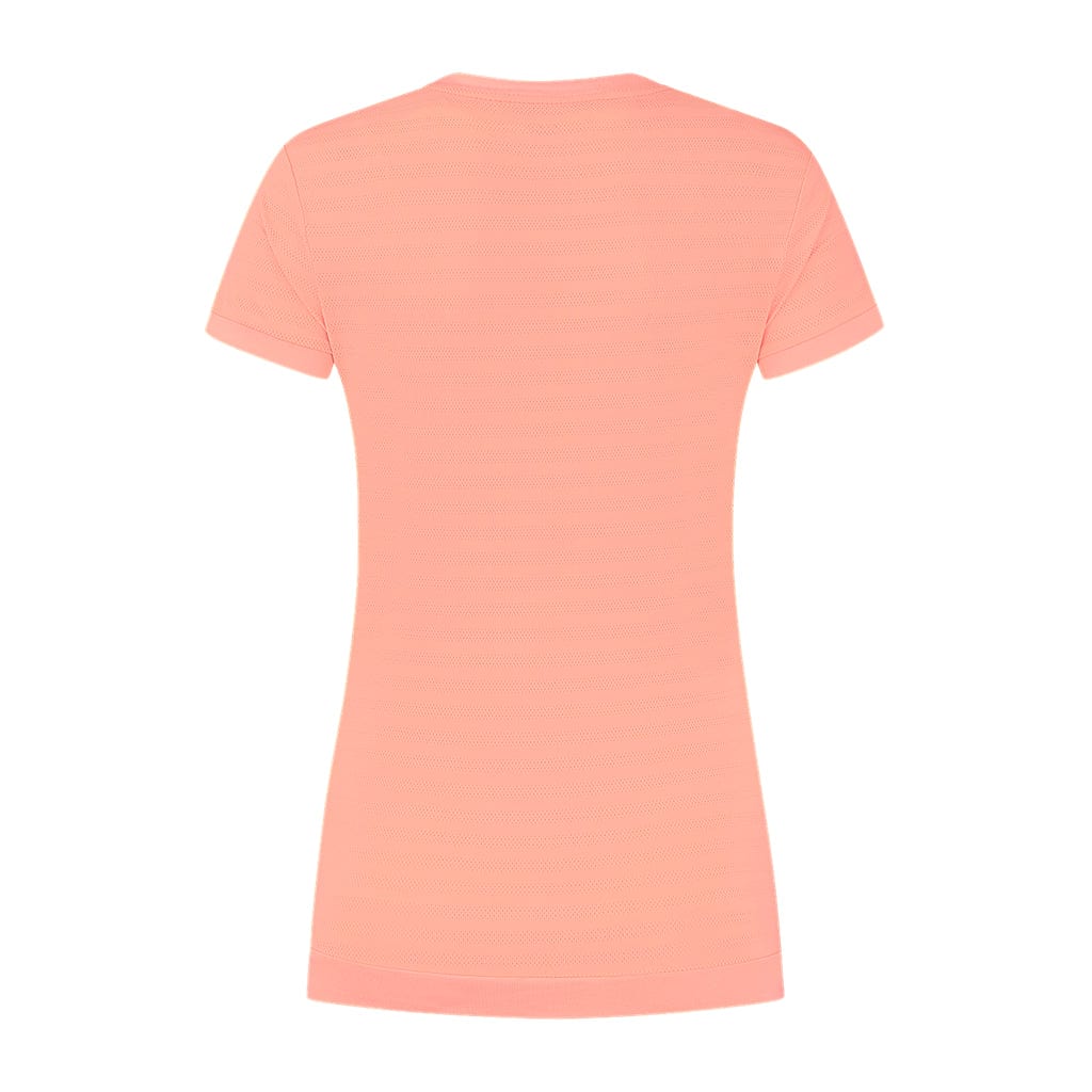 Back view of the K-Swiss Tac Hypercourt Women's V-Neck Tennis Top in a soft Desert Flower hue against a white background. This design boasts short sleeves and a simple, fitted style characteristic of the Tac Hypercourt collection, ideal for those seeking comfort and elegance in their activewear.