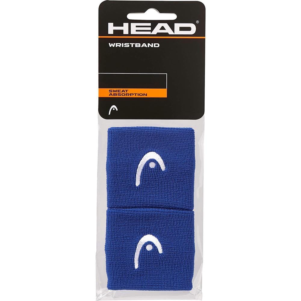 A set of HEAD 2.5" Tennis Wristbands in blue, showcasing the white HEAD logo and labeled "Sweat Absorption" on the front. These wristbands provide outstanding elasticity, ensuring a secure fit during intense matches.