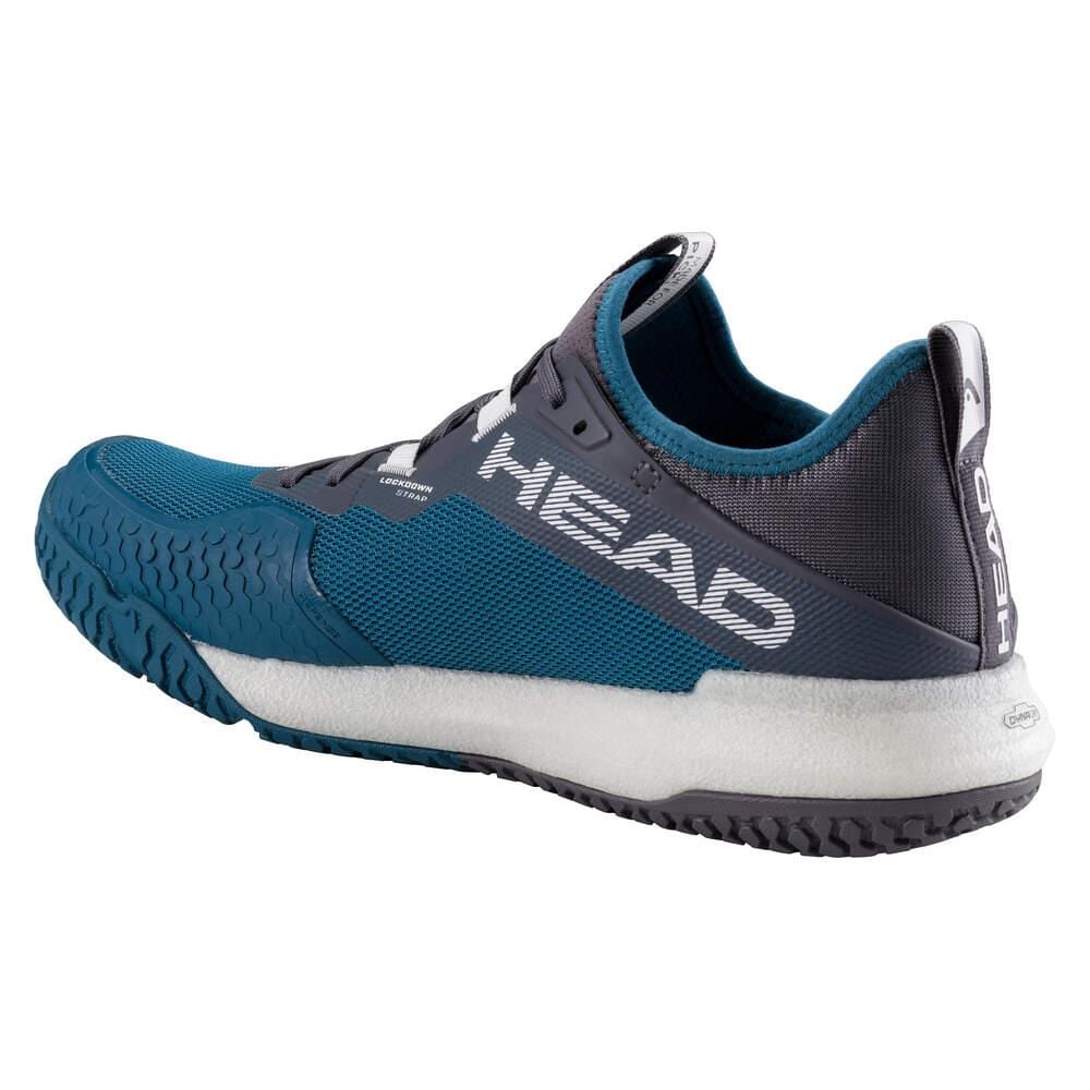 The HEAD Motion Pro Men's Pickleball Shoes - TBWH feature a blue and gray athletic design with a white sole, textured tread, and bold white "HEAD" branding on the side and heel. Durable construction ensures performance both on and off the court.