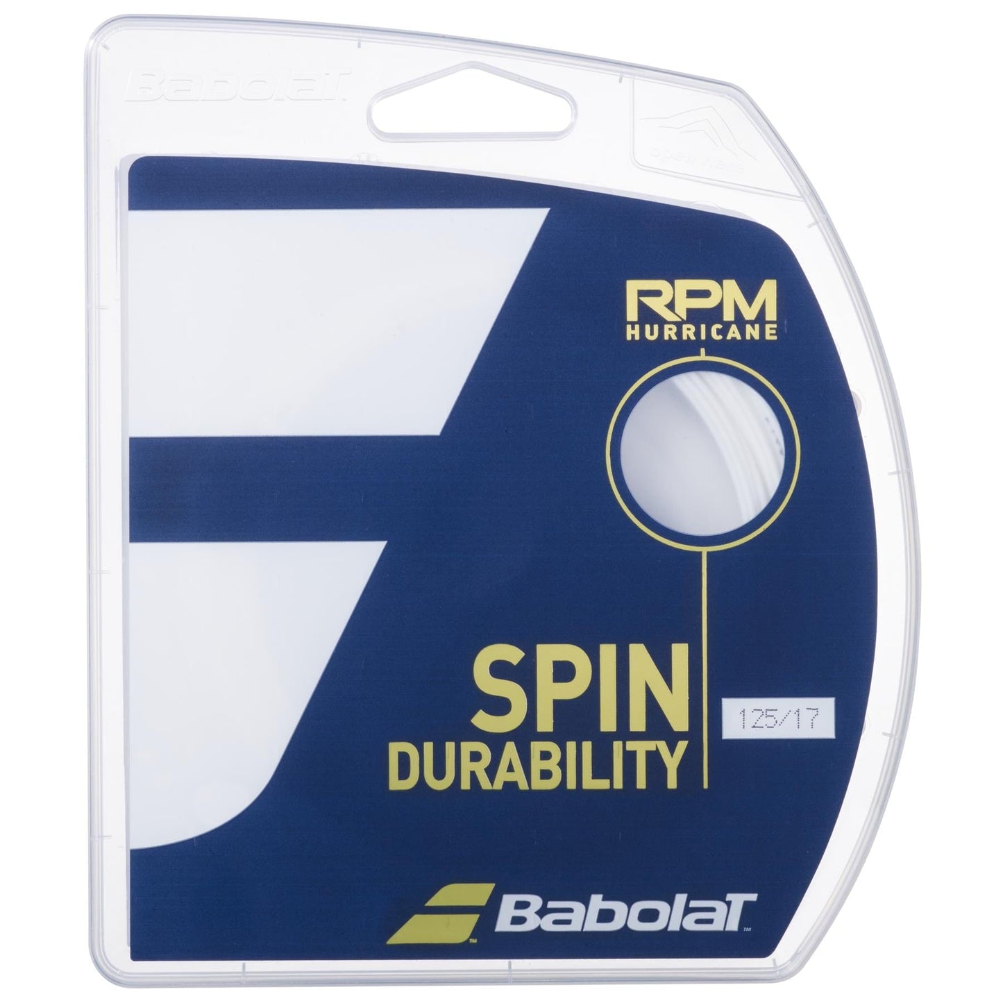 The image features the packaging for Babolat RPM Hurricane Tennis String (12m) - White, with "Spin Durability" highlighted in yellow text. The blue and white packaging has a transparent section that reveals the durable Babolat strings inside.