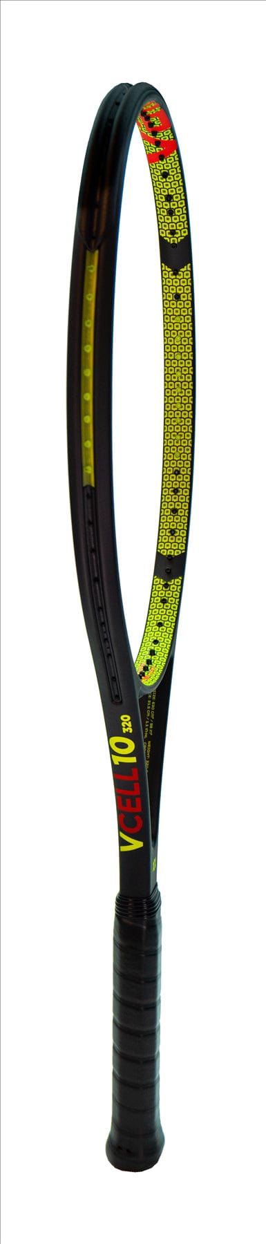 A close-up view of the Volkl V-Cell 10 320g Tennis Racket in black and yellow emphasizes its frame and handle, expertly crafted from advanced carbon material. The strings remain unseen as the logo and text embellish the side, set against a simple white background.