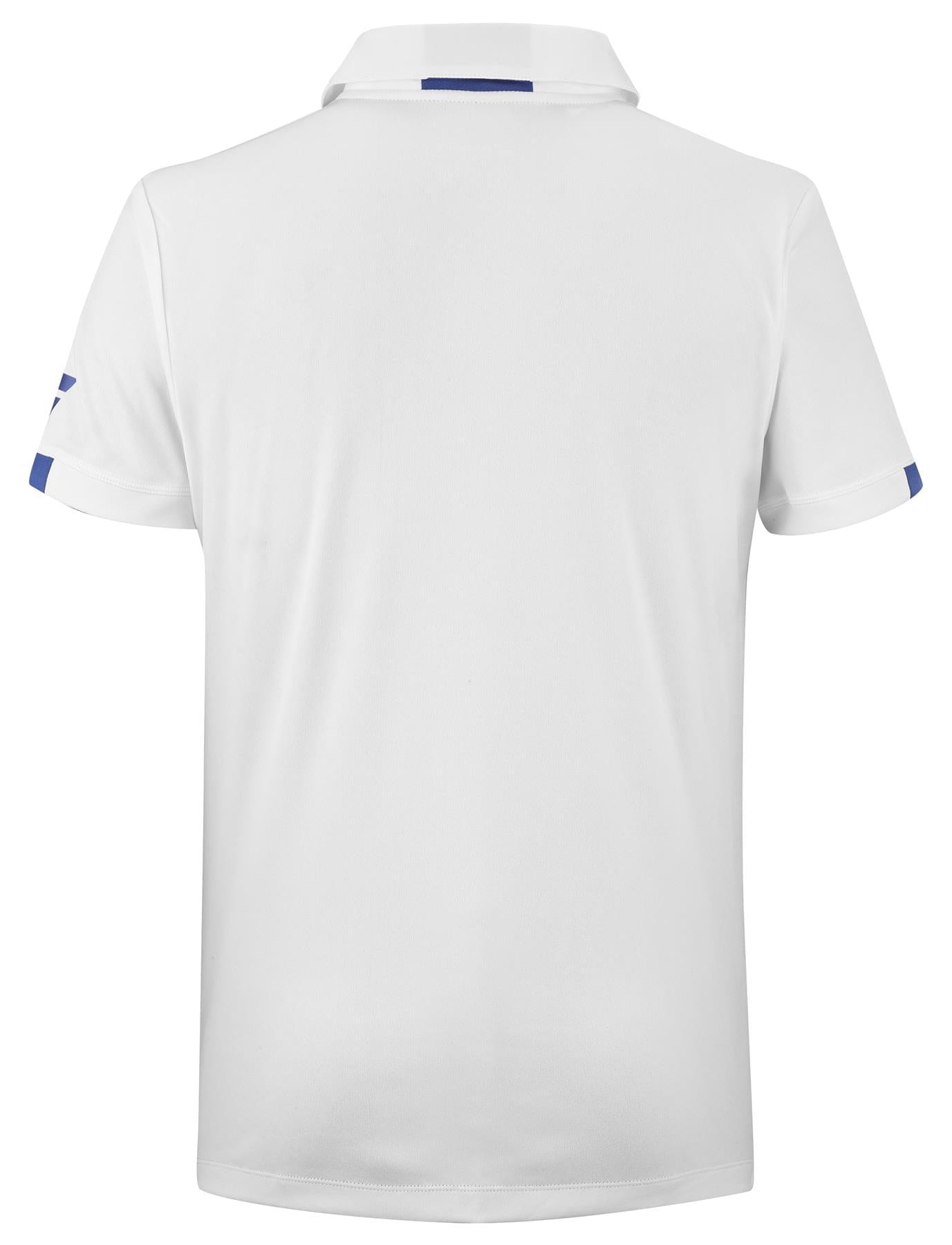 Back view of the Babolat Play Men's Tennis Polo Shirt in white. This polo features short sleeves with dark blue accents at the edges and a classic collar. Made with Fiber Dry technology, its fabric offers a smooth, lightweight feel, ensuring you stay cool on the court.