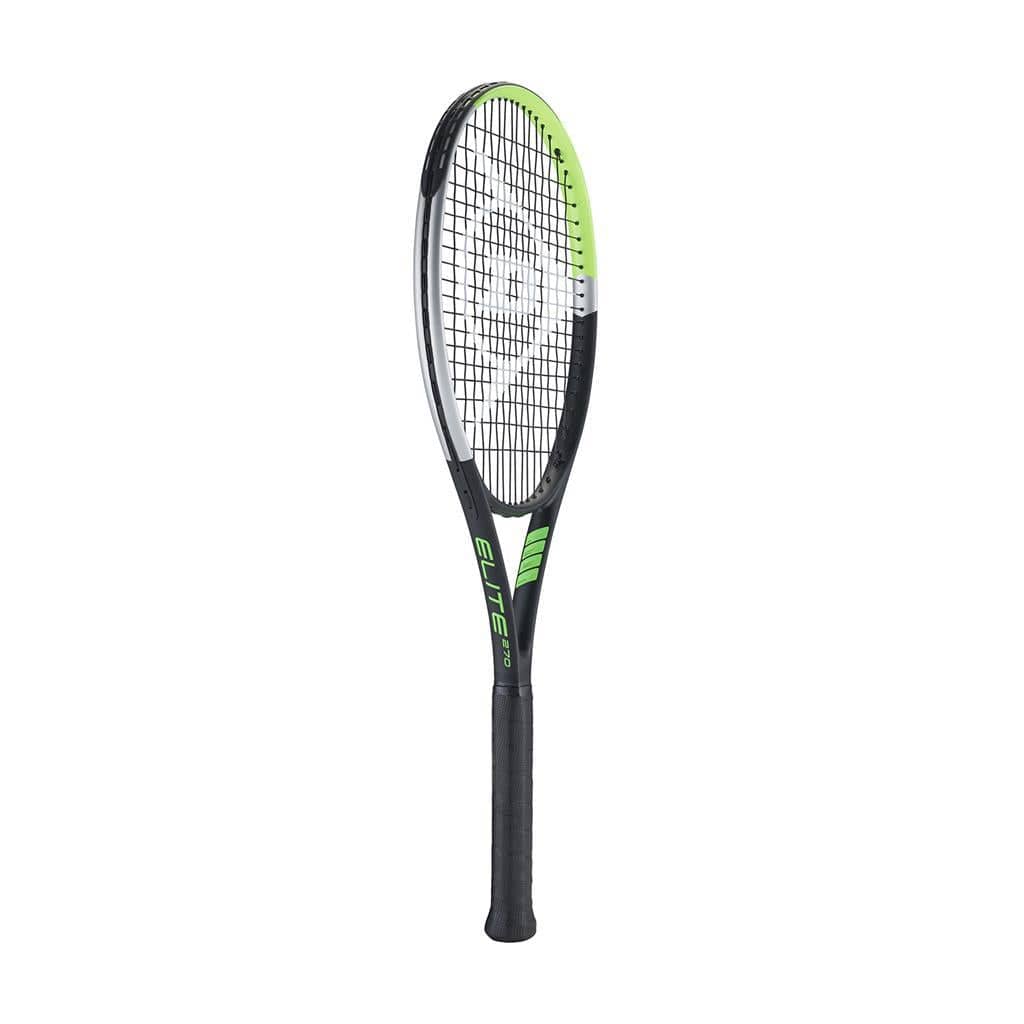Showcased against a plain white background, the Dunlop Tristorm Elite 270 Tennis Racket features a sleek black frame accented with green and silver, complemented by an eye-catching white and black string pattern. Designed with beginner adults in mind, it offers an ideal weight of 270 grams for improved handling.