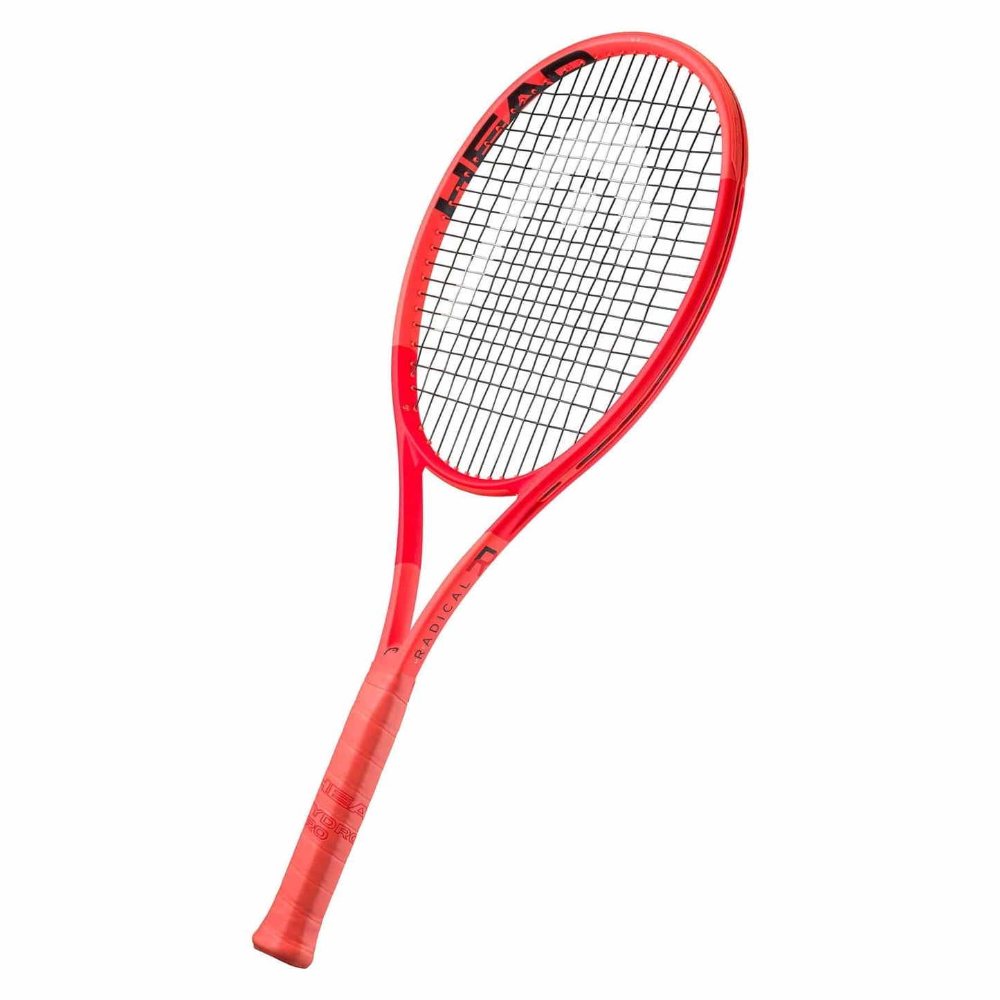 The HEAD Radical MP 2025 Tennis Racket in striking orange combines all-court performance with Auxetic 2.0 technology for improved grip and playability, featuring a sleek design with a prominent brand name on the frame, showcased elegantly against a white background.