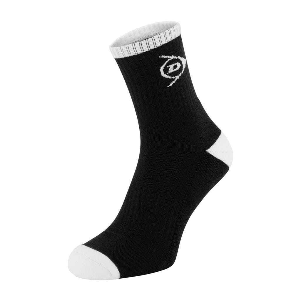 The Dunlop Performance Men's Sports Sock, part of a 2-pack set in sizes UK6-11, is presented against a plain white background. This black sock features a white toe, heel, and cuff and showcases the distinctive Dunlop Performance logo near the top.