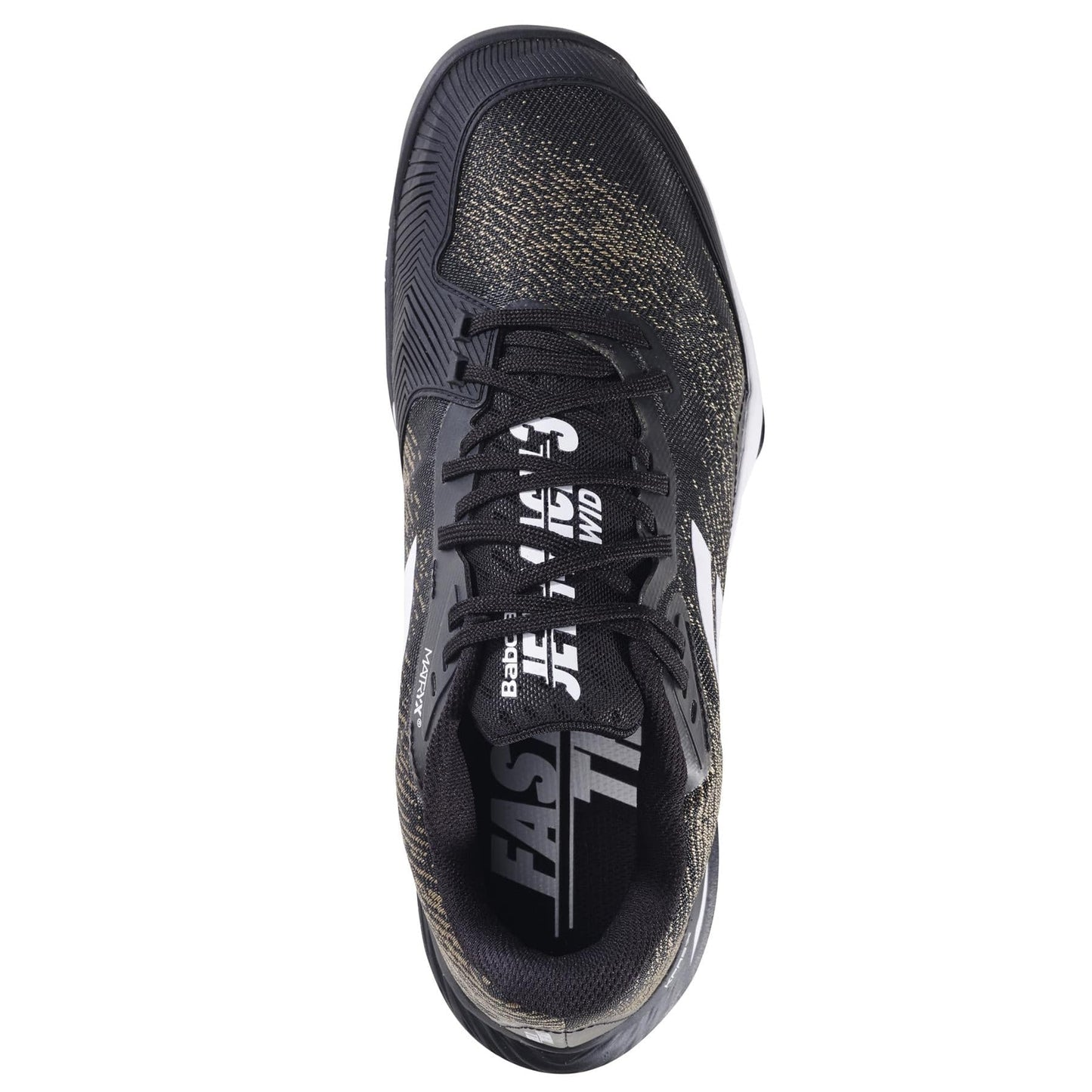 Top view of the black and white Babolat Jet Mach 3 All Court Men's Tennis Shoes shows a sleek silhouette with a textured pattern, prominent brand logo, and tongue text. It features Matryx technology for durability and lace-up closure, complemented by a Michelin sole for superior grip.
