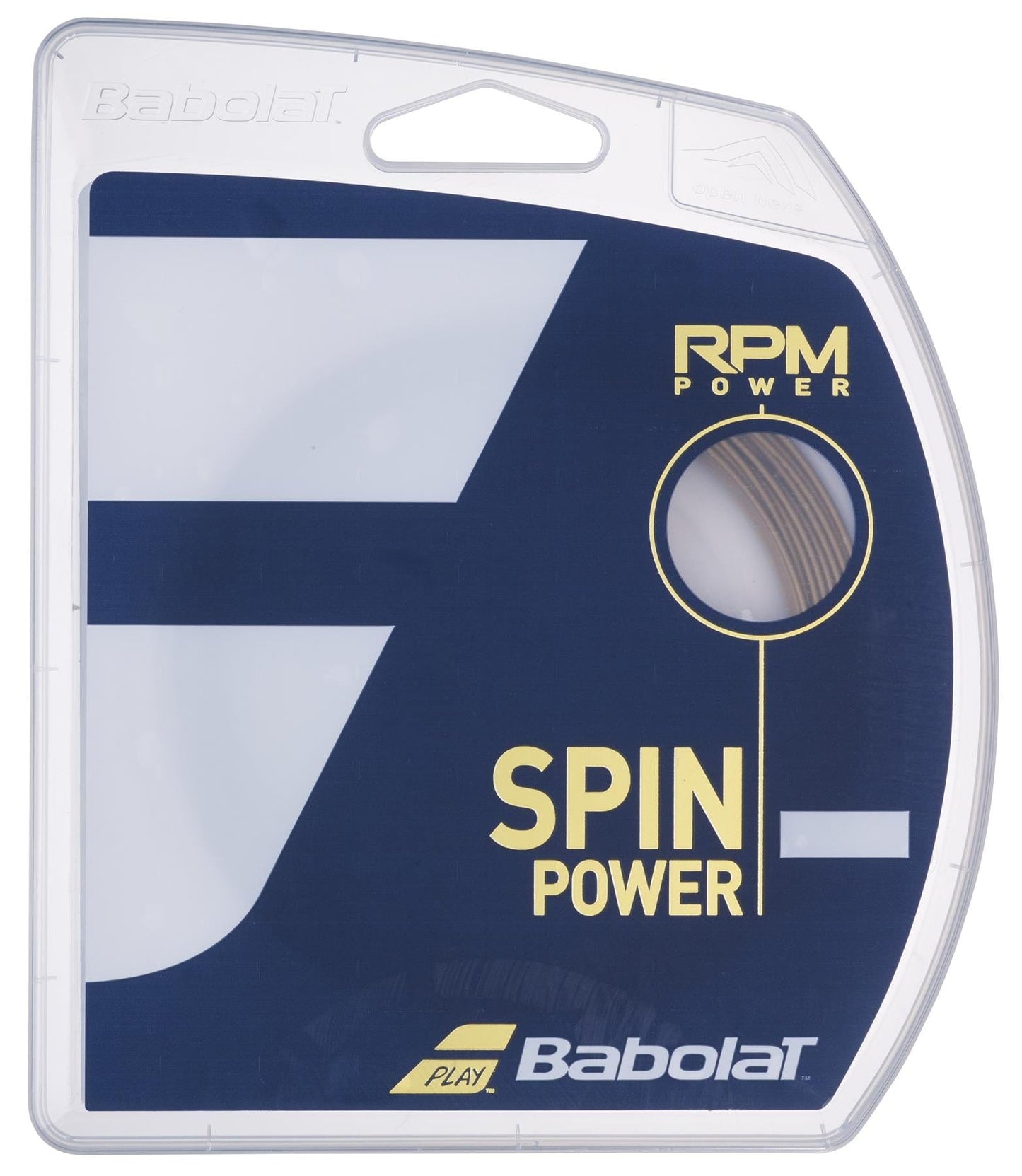 The packaging of Babolat RPM Power Tennis String (12m) - Electric Brown features a stylish blue and white design, with "Spin" and "Power" prominently highlighted in yellow. A small circular window reveals the polyester strings, reflecting the quality synonymous with Babolat XCEL Power.