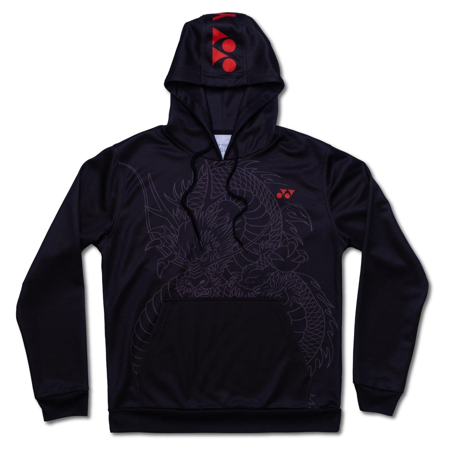 Discover the Yonex CNY2024 Linear Dragon Unisex Tennis Hoodie in black. This stylish hoodie showcases a subtle dark gray dragon design, celebrating Chinese New Year with a red geometric logo on both the hood and chest. It also features a front pouch pocket and long sleeves for ultimate comfort.