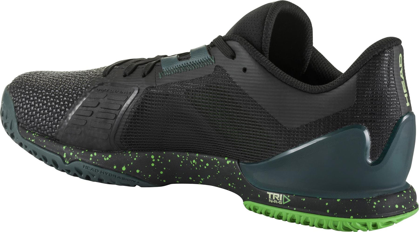 Introducing the HEAD Sprint Pro SF Men's Tennis Shoes in Black and Forest Green, featuring a textured mesh design with a cushioned OrthoLite insole, a green speckled sole, and a reinforced heel.