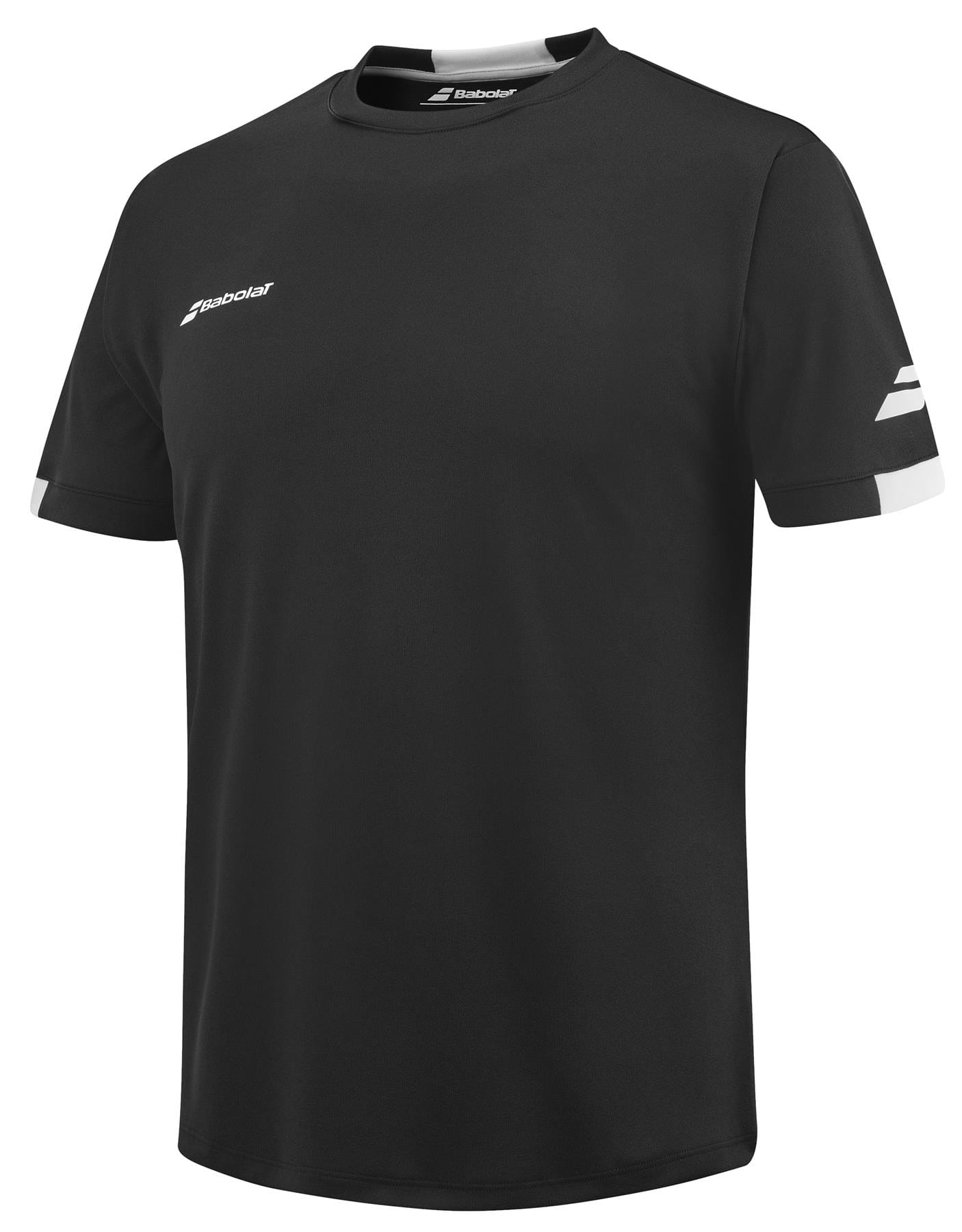 The Babolat Play Men's Crew Neck Tennis T-Shirt in black, crafted by Babolat, showcases a crew neck and short sleeves with distinctive white accents on the cuffs. It features a small white logo on the left chest and another on the right sleeve. Made from Fiber Dry material, this lightweight shirt is perfect for both sports and casual wear, epitomizing the Babolat Play style.