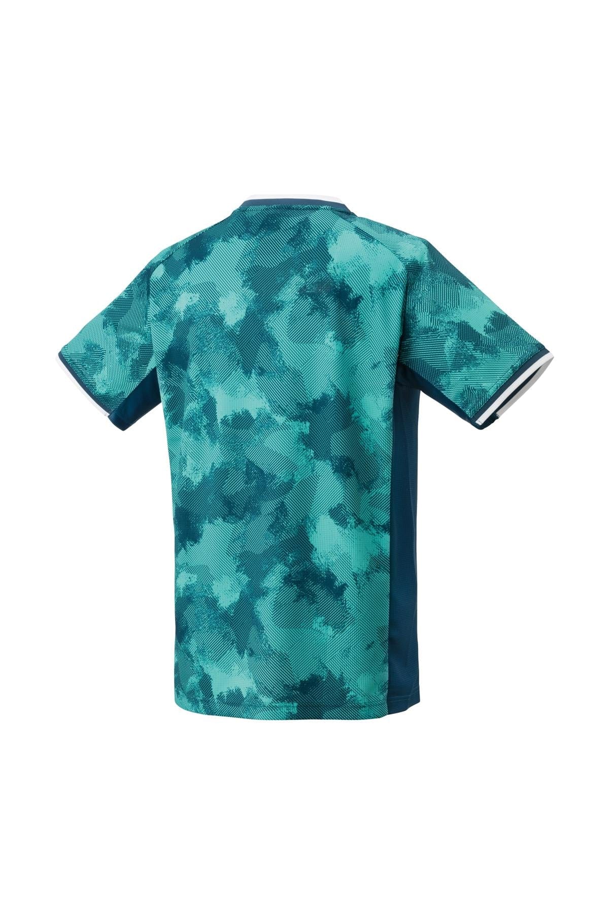 The Yonex 10575 Crew Neck Men's Tennis T-Shirt in Night Sky is a short-sleeved shirt with a teal and navy camouflage pattern, accented by black and white trim on the sleeves. Its vibrant design on the back incorporates innovative Air Release technology for maximum comfort.