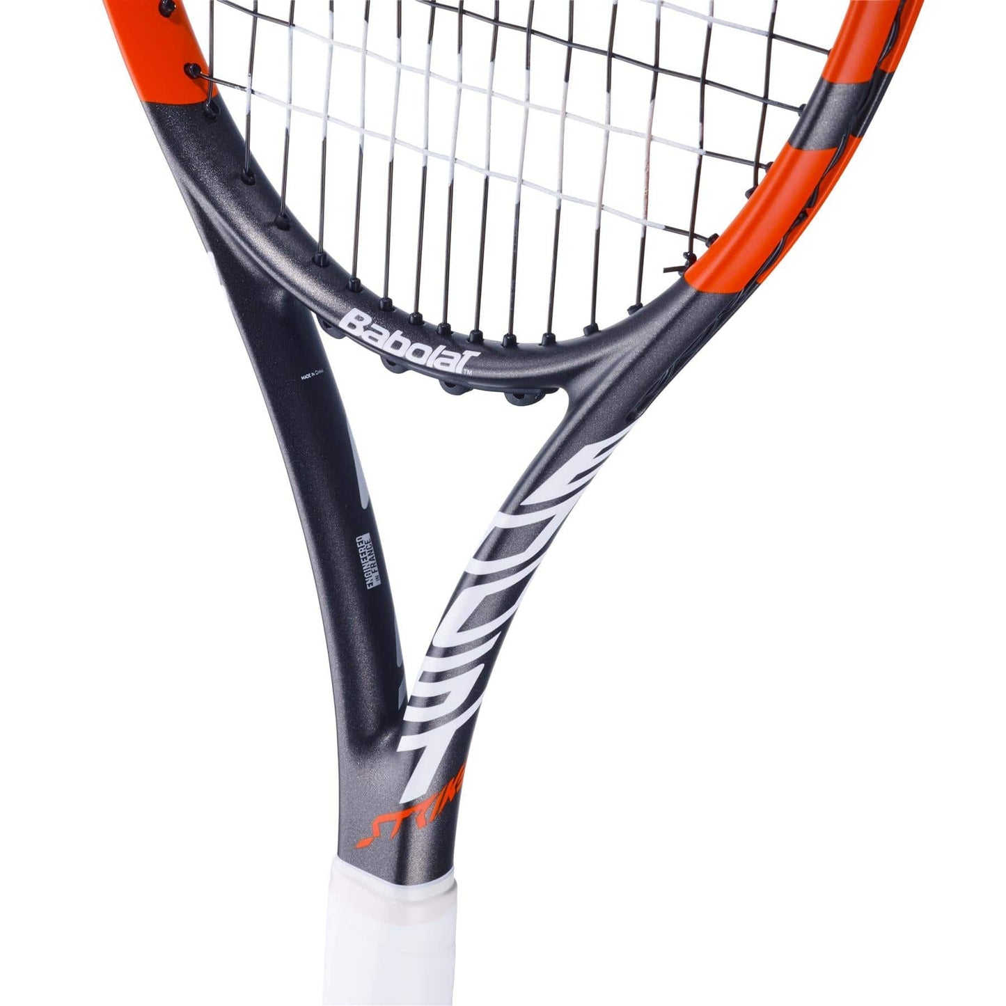 Close-up of a Babolat Boost Strike 2024 tennis racket featuring a grey and red frame, engineered for maximum power. The iconic Babolat logo adorns the neck and strings, while the handle is wrapped in sleek white grip tape.