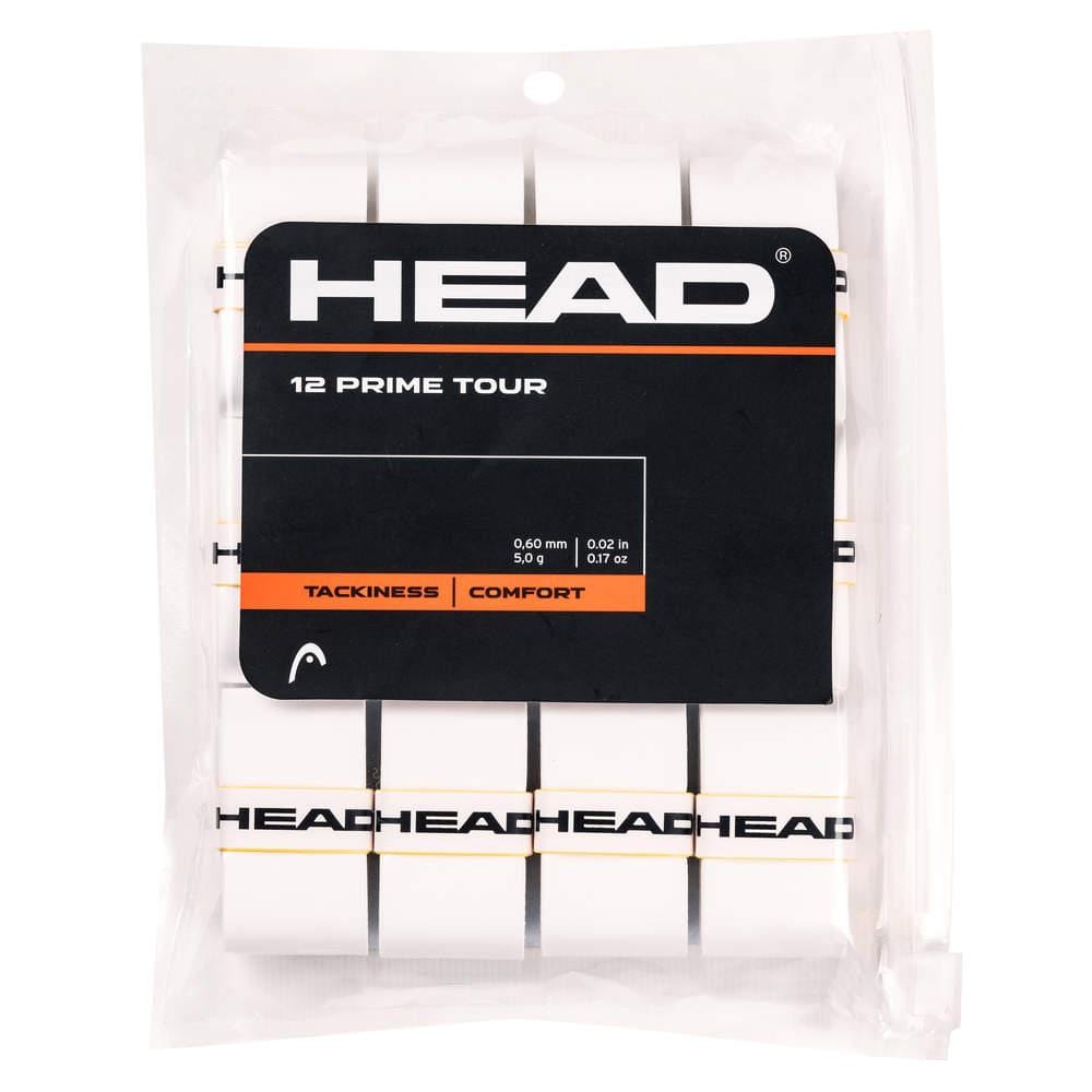 The HEAD Prime Tour Overgrip (12 Pack) - White by HEAD contains 12 white overgrips, neatly wrapped in clear plastic. The front label prominently highlights "Super Tacky" and "Comfort," and provides measurements in both millimeters and inches, guaranteeing an extra feel for improved performance.