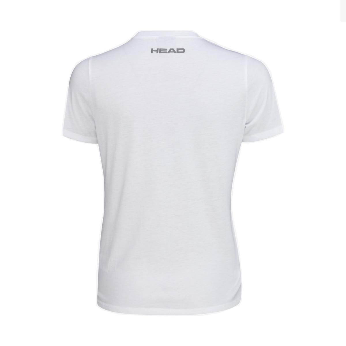 The HEAD Womens Club Basic Tennis T-Shirt in white showcases a minimalist design with the brand name "HEAD" subtly printed near the neckline on the back. Designed for sporty appeal, it features short sleeves and a streamlined style that allows for easy movement whether you're on or off the court.