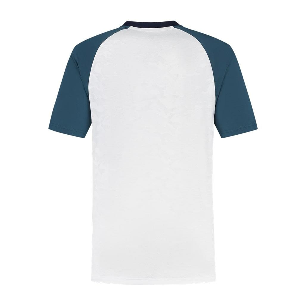 Seen from the back, the K-Swiss Hypercourt Mesh Crew 3 Men's Tennis T-Shirt features a white front and back panel with Indian teal sleeves and collar. This piece from the K-Swiss Hypercourt collection embodies a simple, casual design perfect for athletic wear.