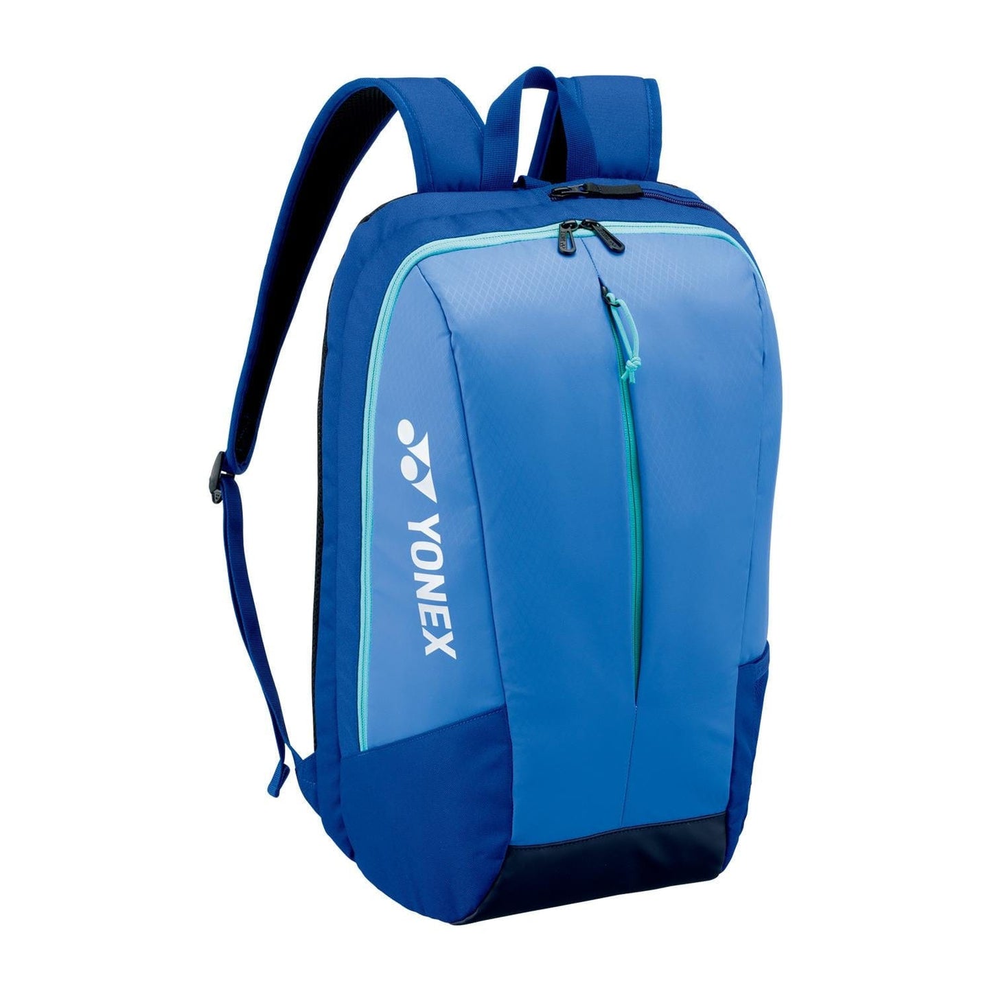 The Yonex 42512EX Team Tennis Backpack - Blast Blue is a lightweight bag with light blue accents, a zippered front pocket with YKK zippers, and the brand logo on the side. It features padded shoulder straps for comfort and a spacious interior for all your essentials.