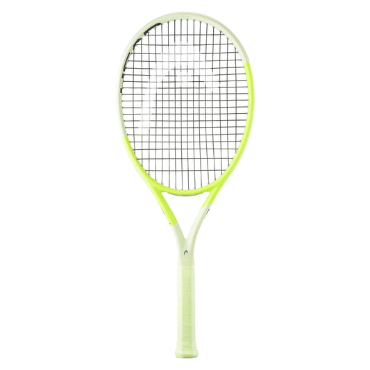 The HEAD Extreme Team 2024 Tennis Racket - Green showcases a light green and white frame paired with black strings. It is equipped with spin grommets for outstanding control and incorporates Auxetic 2.0 technology to ensure superior performance on the court, all set against a plain white background.