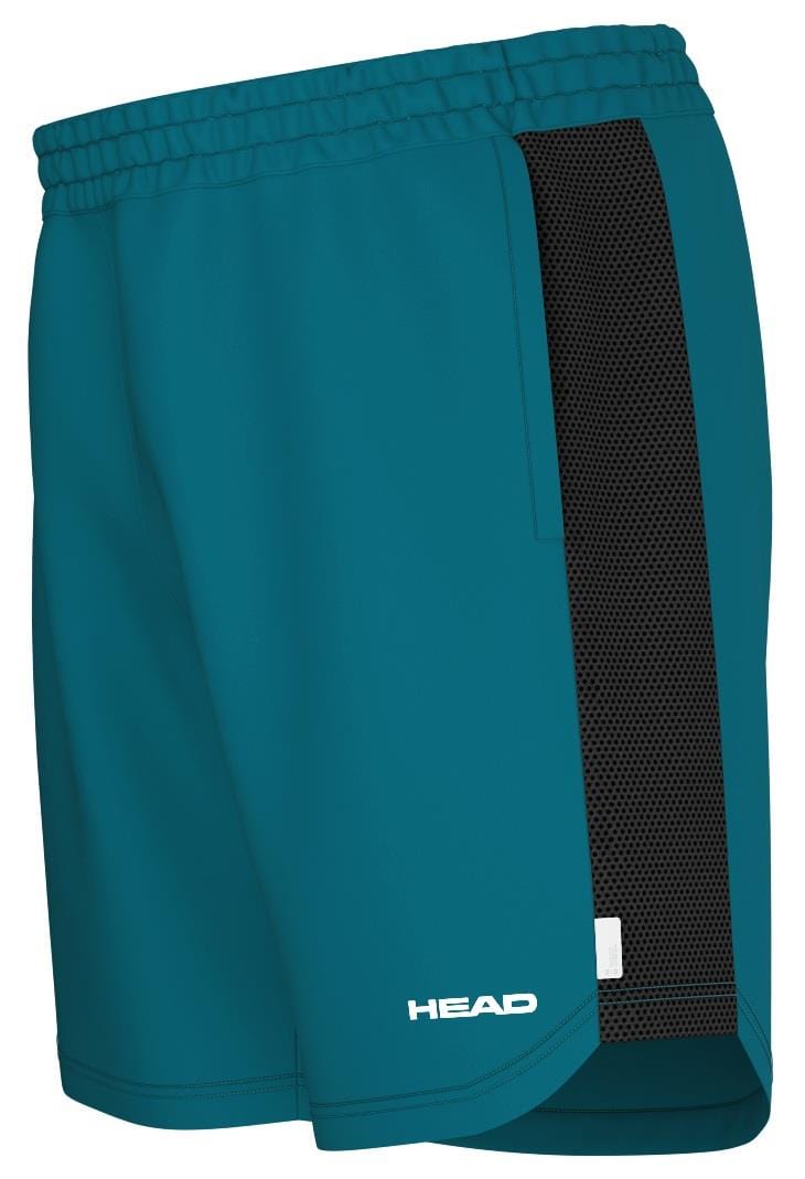 HEAD Power Mens Tennis Shorts - TE in teal feature a black mesh panel, 4-way stretch fabric, and an elastic waistband. The "HEAD" logo is in white at the bottom of the left leg, with moisture transfer microfiber technology for comfort.
