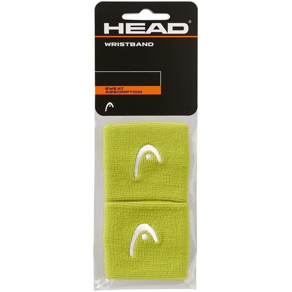 The packaging showcases a pair of lime HEAD 2.5" Tennis Wristbands, prominently displaying the white HEAD logo. These wristbands are designed for superior sweat absorption, making them ideal for enhancing on-court performance.
