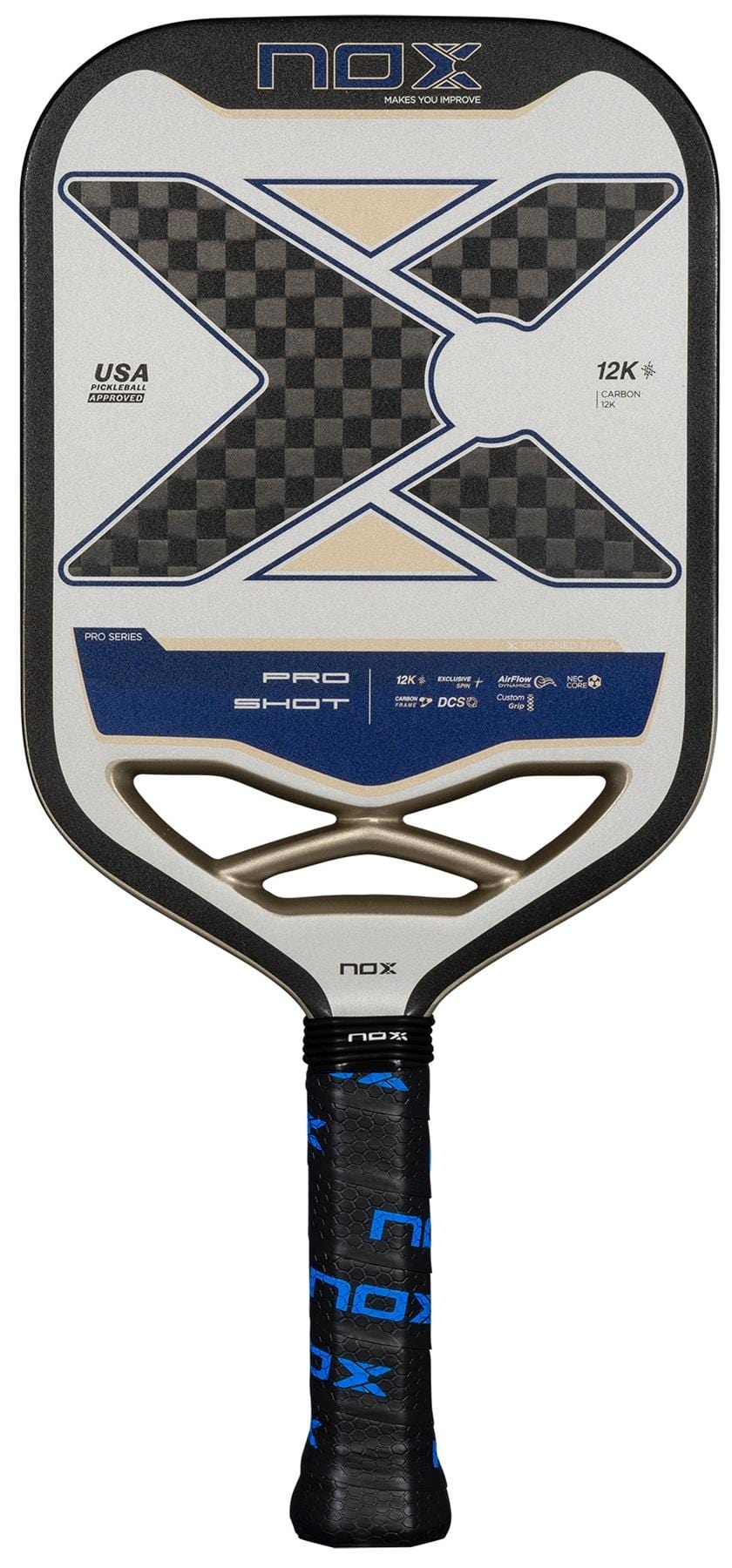 The NOX Pro Shot Pickleball Paddle in black and blue features advanced spin tech, a large X pattern, 12K carbon fibre design with blue accents, and a black grip with blue NOX branding.