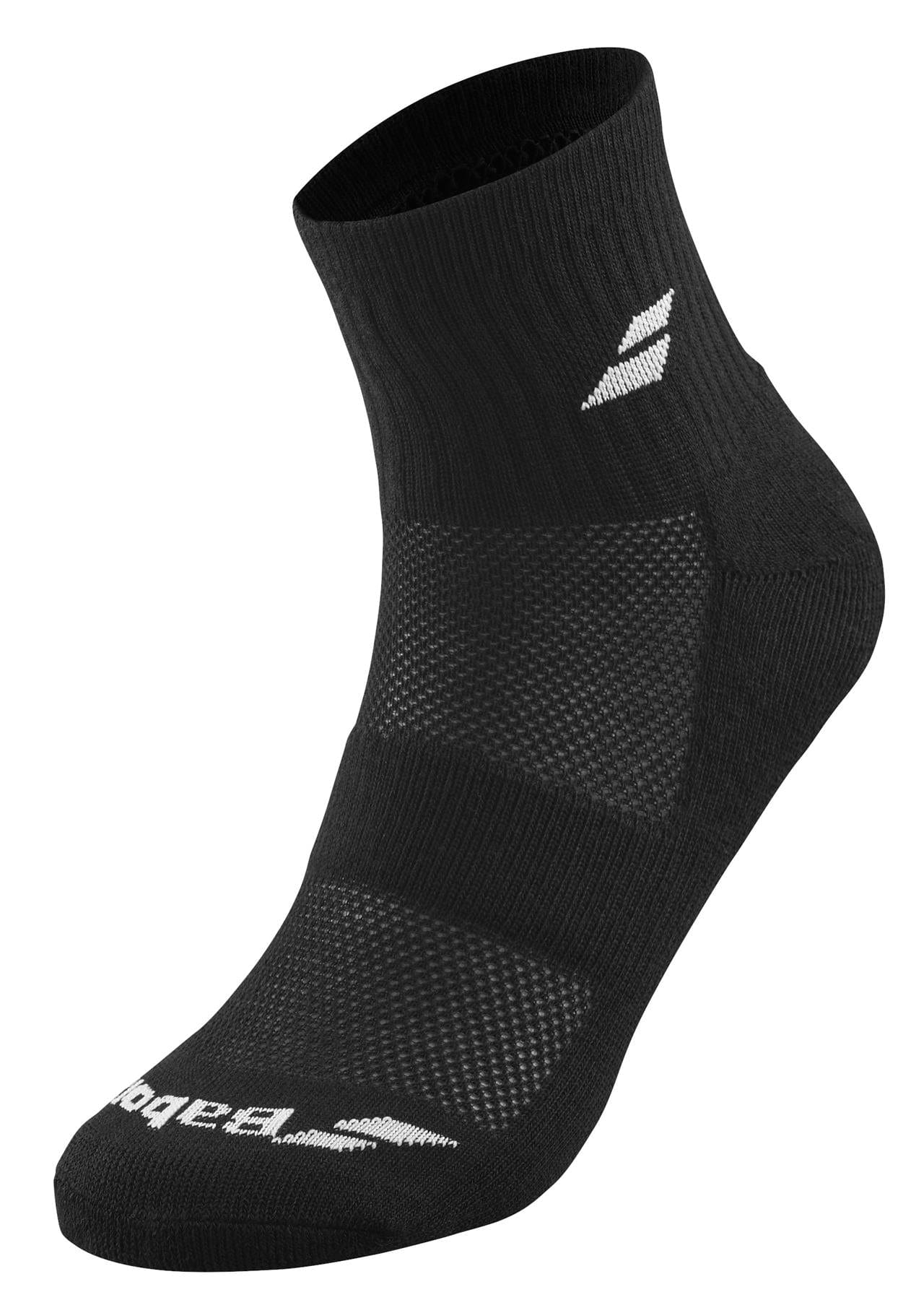 The Babolat Quarter 3 Pack Tennis Socks - Black are black athletic socks designed for comfort and support, featuring ribbed cuffs and mesh detailing for enhanced ventilation. The socks are adorned with an angled white logo near the ankle and a "Babolat" logo on the toe, all set against a crisp white background.