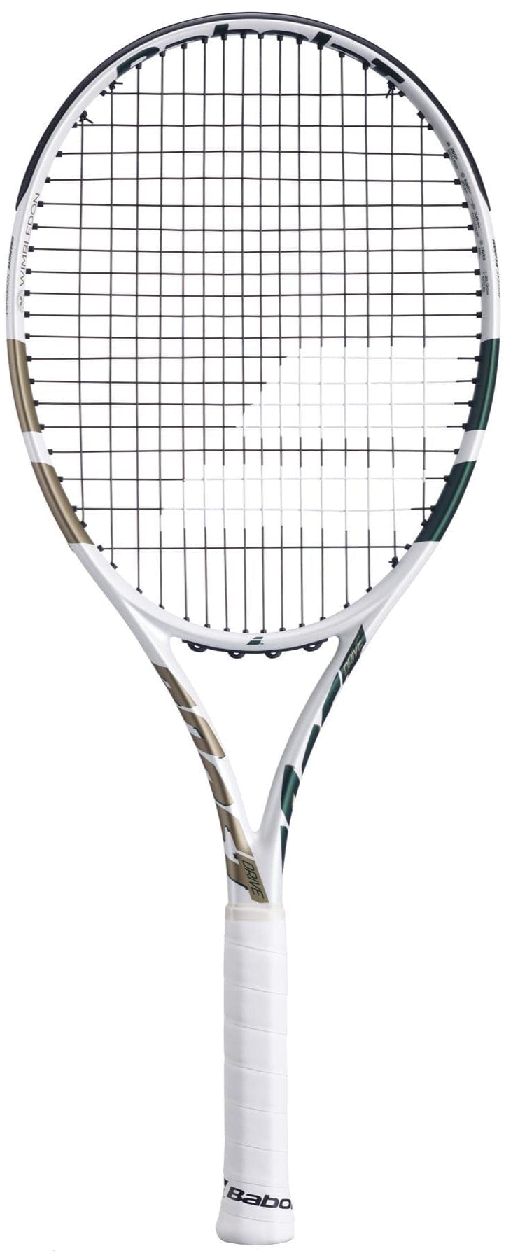 The Babolat Boost Wimbledon 2025 Tennis Racket in white and champagne green is displayed upright on a plain white background.