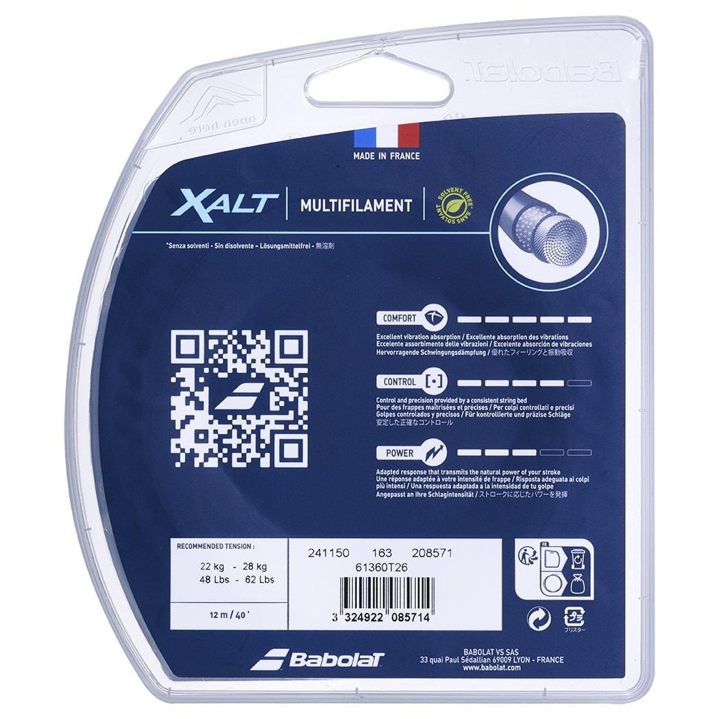 The packaging of the Babolat XALT Tennis String (12m) - White Spiral by Babolat showcases details about comfort, control, and power for enduring performance. It features a QR code, recommended tension information (22-28 kg, 48-62 lbs), a "Made in France" label, and a barcode.
