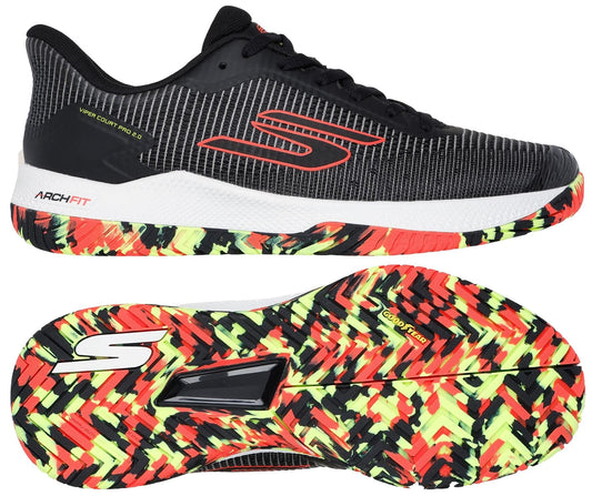 The Skechers Viper Court Pro 2.0 Tennis Shoes in Black/Multi feature Arch Fit support, a bold red, yellow, and black zigzag Goodyear Rubber Outsole, subtle white stripes, red accents, and a white sole.