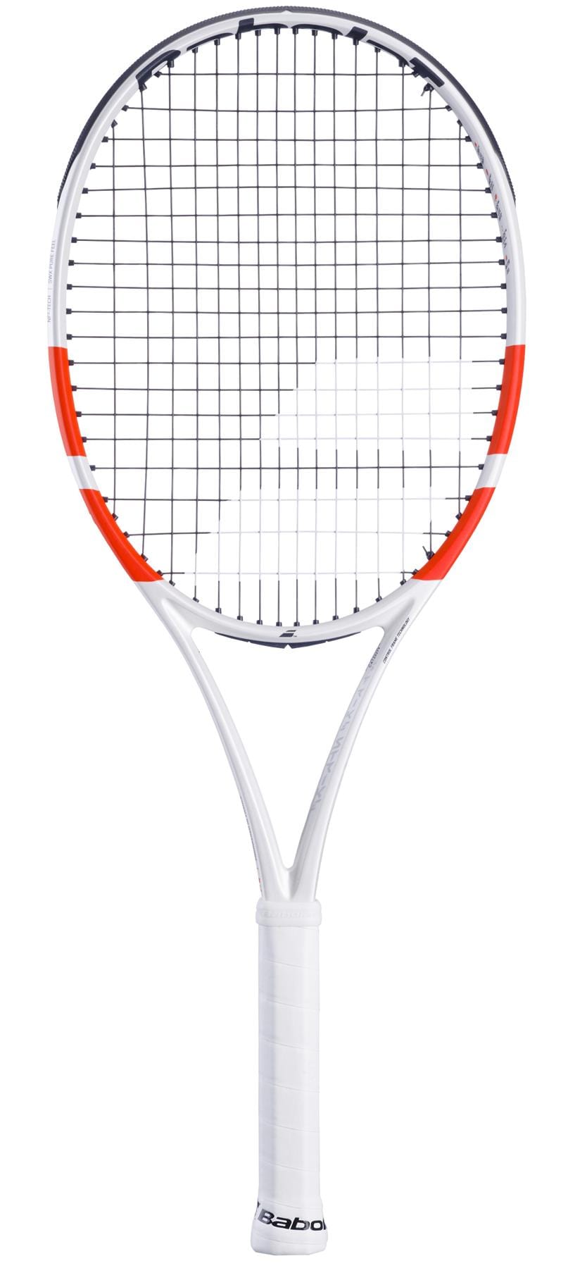 This Babolat Pure Strike Team Gen4 tennis racket showcases a white frame with red and black accents. Engineered for precision, it incorporates Control Technology, providing tightly woven strings and a handle wrapped in white grip tape. The Babolat brand name is prominently displayed near the handle.