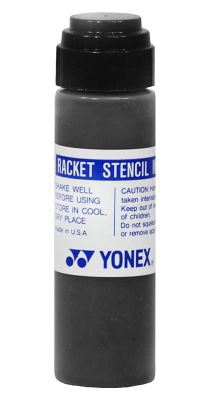 The Yonex Stencil Ink - Black, a product from Yonex, is designed for tennis rackets and comes in a bottle with a black cap and blue label. It features a sponge applicator and includes instructions such as shaking well before use and handling cautions. The Yonex logo is prominently displayed at the bottom.