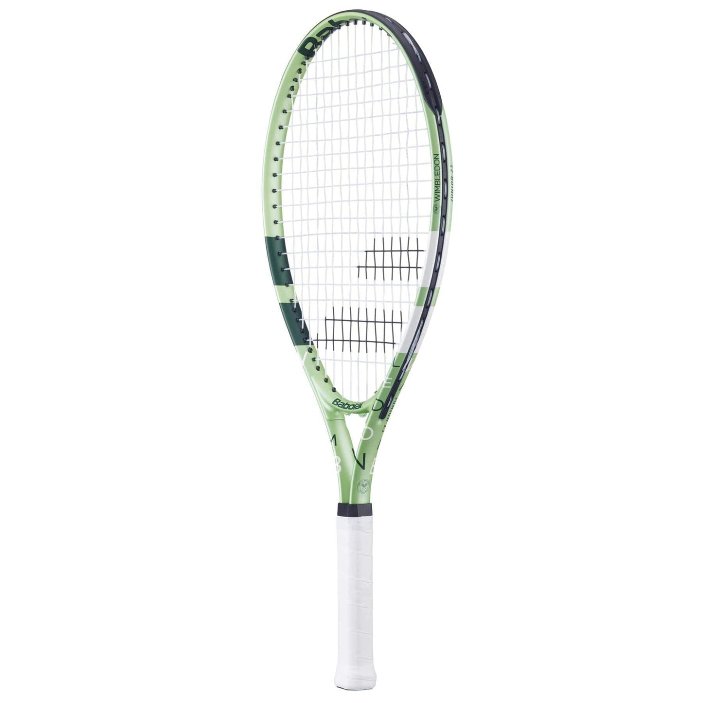 The Babolat Junior 23 Wimbledon 2025 Tennis Racket in Champagne Green stands upright against a white background, featuring a black and white grip, crisscross string pattern, and visible brand logo on the frame.