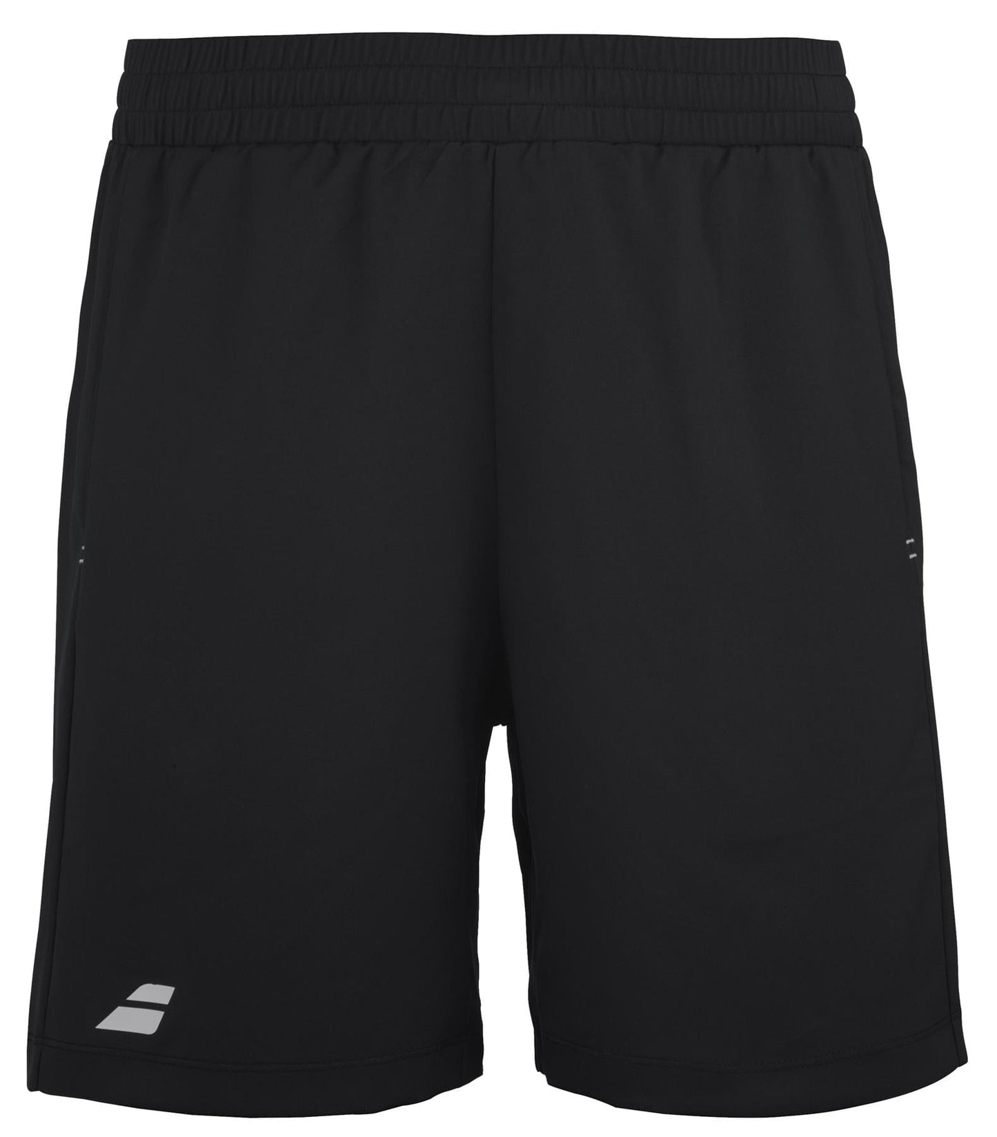 Introducing the Babolat Play Men's Tennis Shorts in black: crafted by Babolat, these athletic shorts feature 360 Motion technology and are made from recycled polyester. They come with an elastic waistband, a subtle brand logo, and small side slits, providing a sleek design ideal for both sports and casual wear.