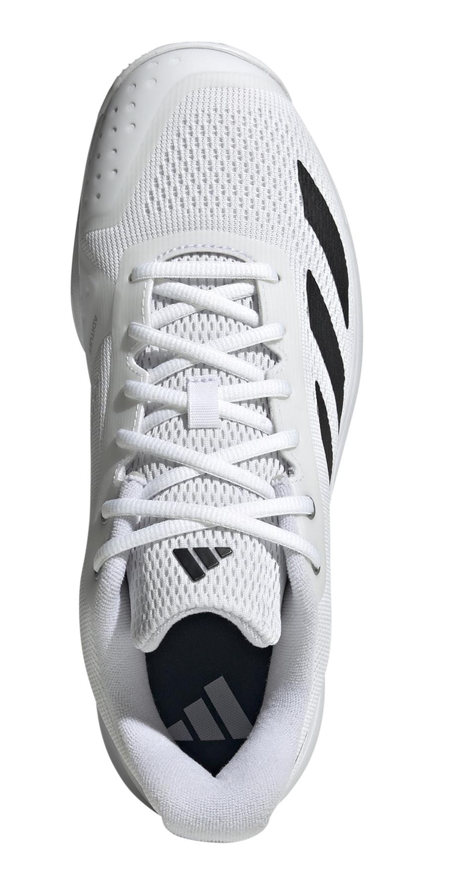 The ADIDAS Courtflash Speed 2 Men's Tennis Shoes by adidas feature a lightweight, breathable mesh design with black side stripes, white laces, and branded logos on the tongue and insole. Ideal for performance, they include an Adiwear outsole for enhanced durability.