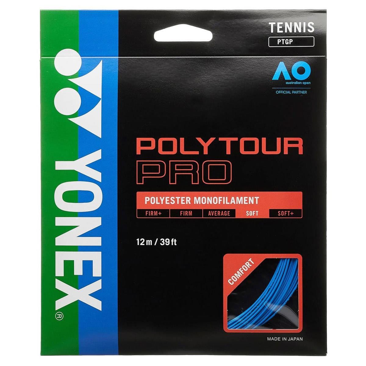The image displays a Yonex Polytour Pro Tennis String (12m) package. The packaging is black with blue, green, and white accents, featuring the phrases "Soft Polyester String" and "Power Spin Comfort," emphasizing its 12m/39ft length for optimal performance.