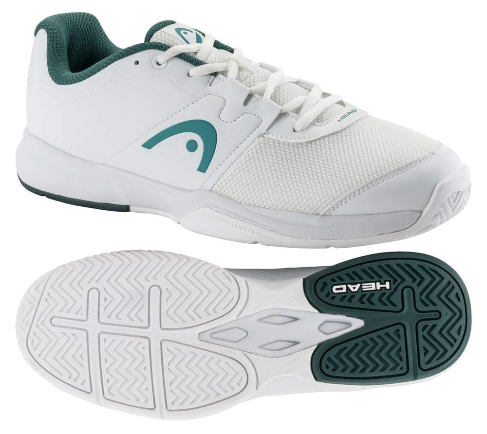 The HEAD Revolt Court Men's Tennis Shoes in White/Pine Green feature the HEAD logo, breathable mesh, and leather for lightweight comfort. The textured rubber sole ensures exceptional court grip.