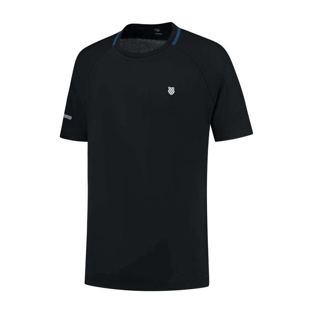 The K-Swiss Tac Hypercourt Double Crew 2 Tennis T-Shirt in Jet Black features subtle blue accents on the shoulders, a small white logo, and a reflective strip. Ideal for both sports activities and casual outings, it ensures comfort on the court.