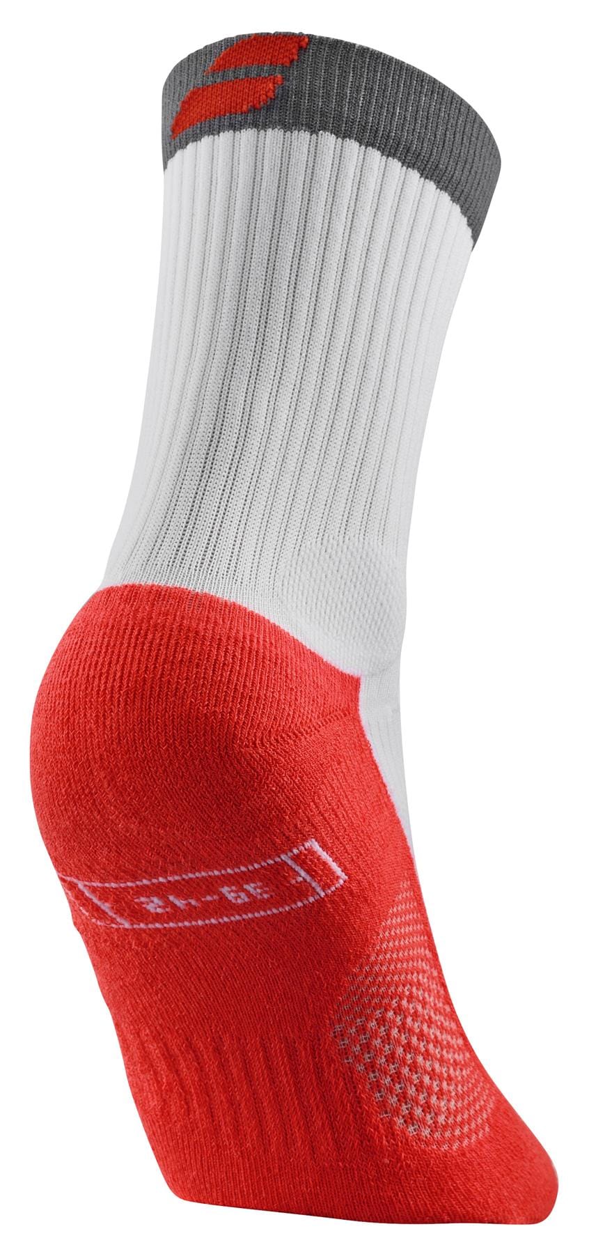 Introducing the Babolat Pro 360 Men's Tennis Socks in White/Strike Red. This sock features a red heel and toe, a gray band at the top, and incorporates Babolat's Fiberdry technology for superior moisture management. It also boasts a breathable mesh-like pattern and ribbed texture on the upper part for added comfort, along with perfectly balanced underfoot cushioning.