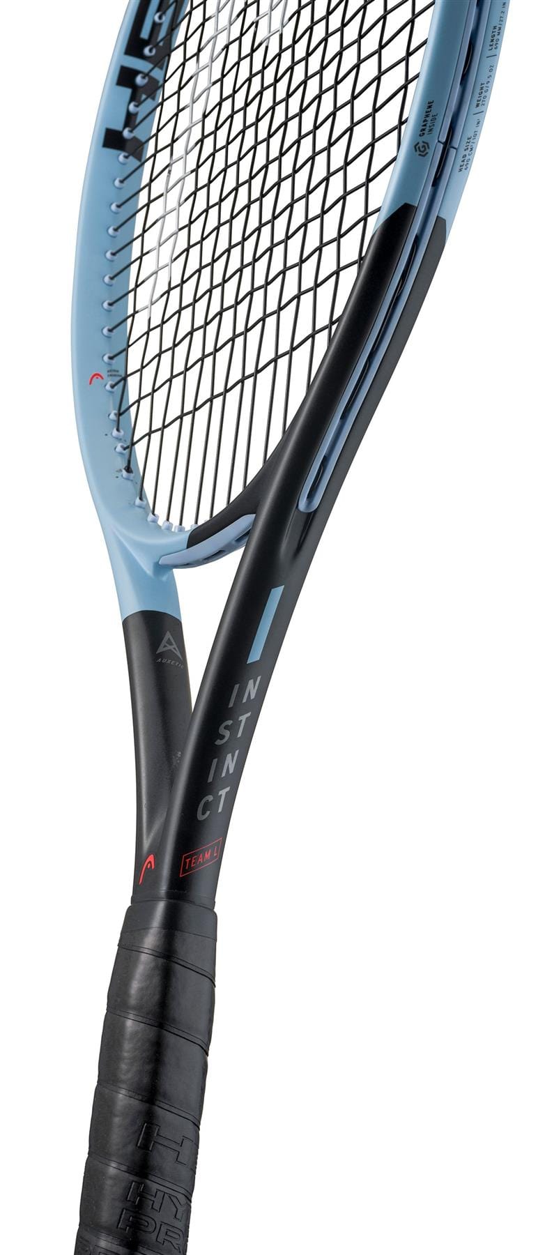 The HEAD Instinct Team L 2025 Tennis Racket in blue and black features a close-up view of the strings and branded frame. With Auxetic technology, it promises effortless power on every swing.