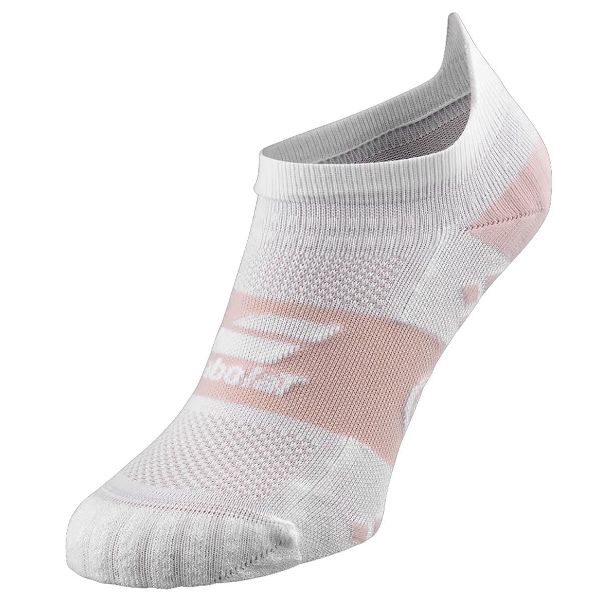 Introducing the Babolat Pro Crew Women's Sock in White with English Rose accents: This single no-show technical athletic sock, adorned with a logo on the side, is perfect for racket sports. It features a textured pattern and reinforced areas for enhanced comfort and durability. Available in various sizes to ensure an ideal fit.