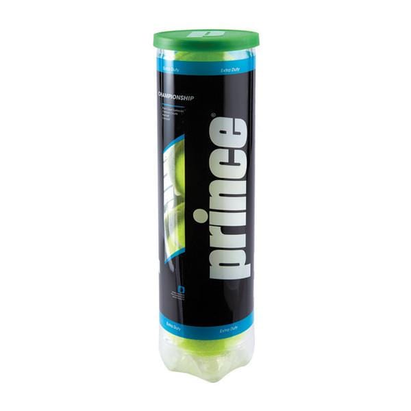 A cylindrical container of Prince Championship Tennis Balls featuring a green lid displays tournament-quality design. The primarily black packaging is adorned with blue and white text, highlighting "Championship" and "Extra Duty." These balls, ITF approved for top-level play, come in a 4-ball tube.